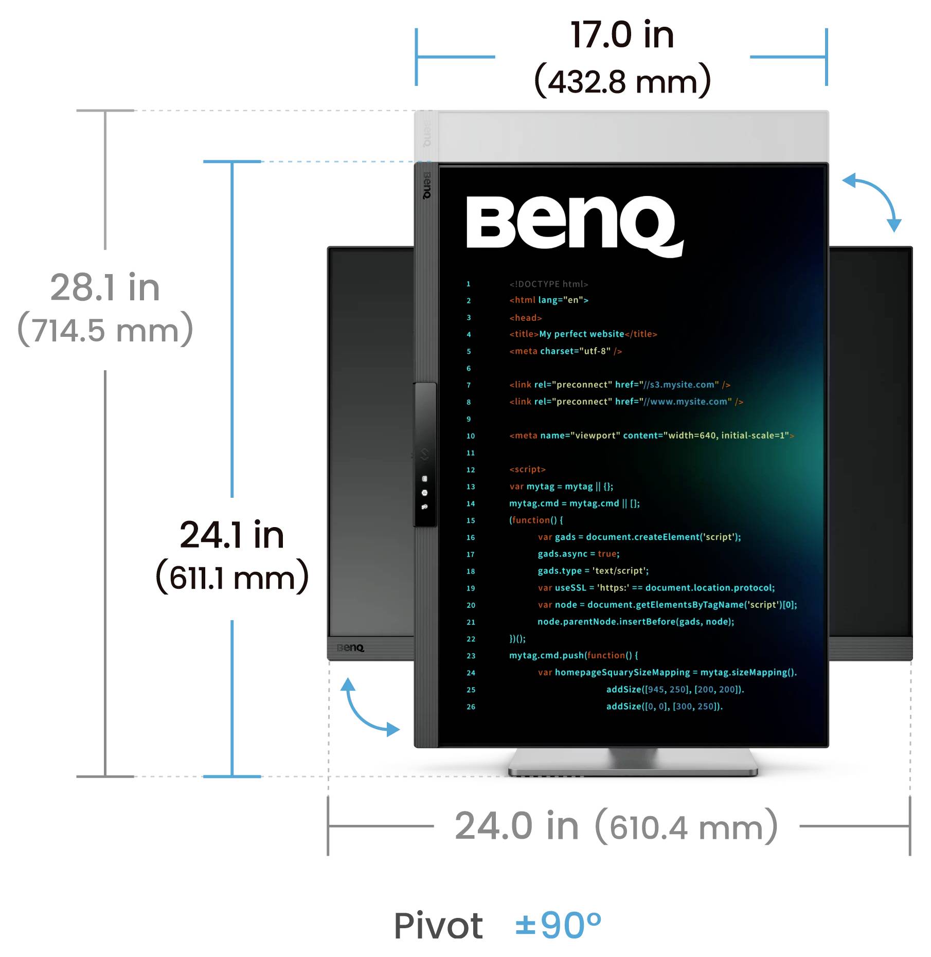 BenQ-Monitor-Illustration mit Abmessungen 28,1 x 24,0 Zoll, Bildschirm 24,1 Zoll, 17,0 Zoll Breite und Pivot-Rotation ±90°.