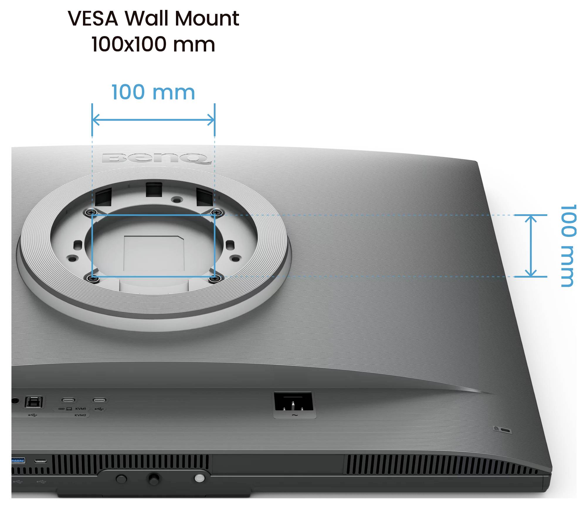 Illustration der Rückseite eines Monitors mit einem VESA-Wandmontagemuster, das mit 100 x 100 mm bezeichnet ist und die Abstände der Montagelöcher in beide Richtungen zeigt.