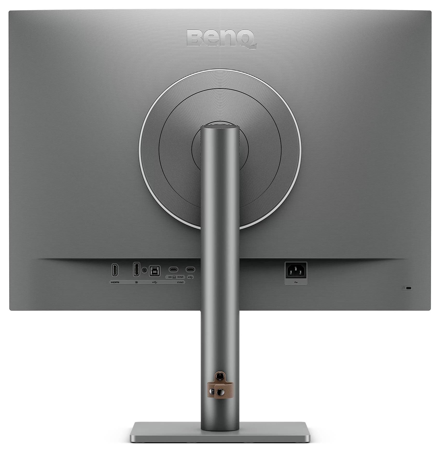 Rückansicht eines BenQ-Computermonitors auf einem Ständer, die die kreisförmige Halterung und die unteren Anschlüsse zeigt.