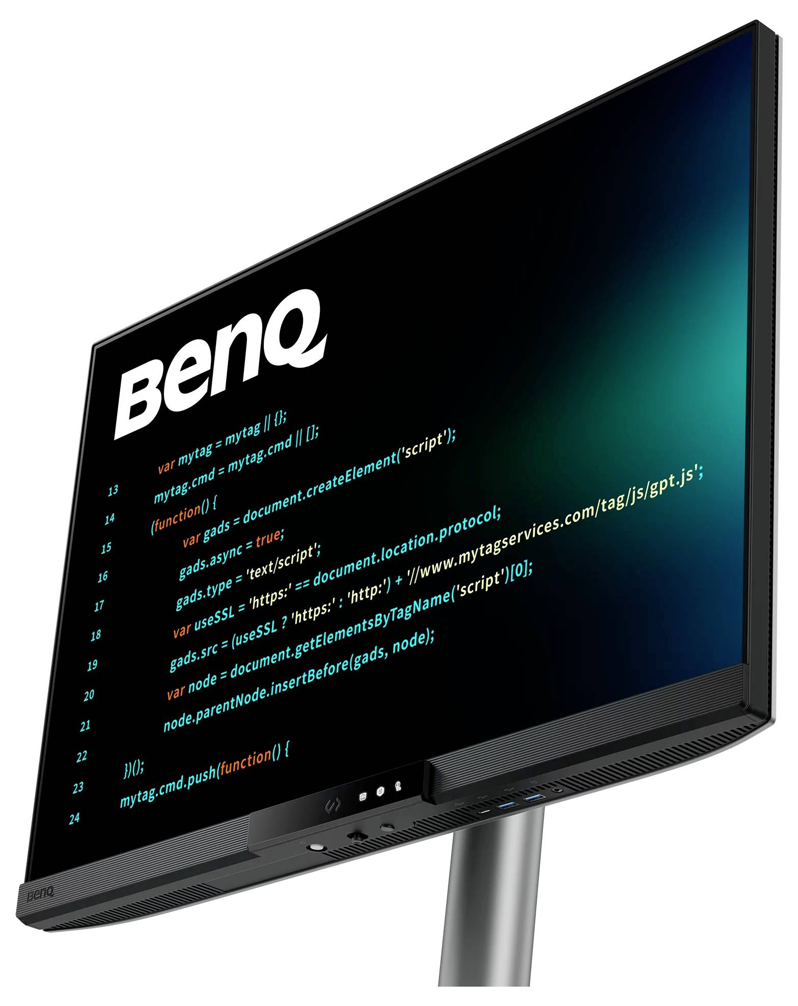 BenQ-Monitor mit dunklem Bildschirm, auf dem farbiger Code angezeigt wird, auf einem Ständer vor weißem Hintergrund.