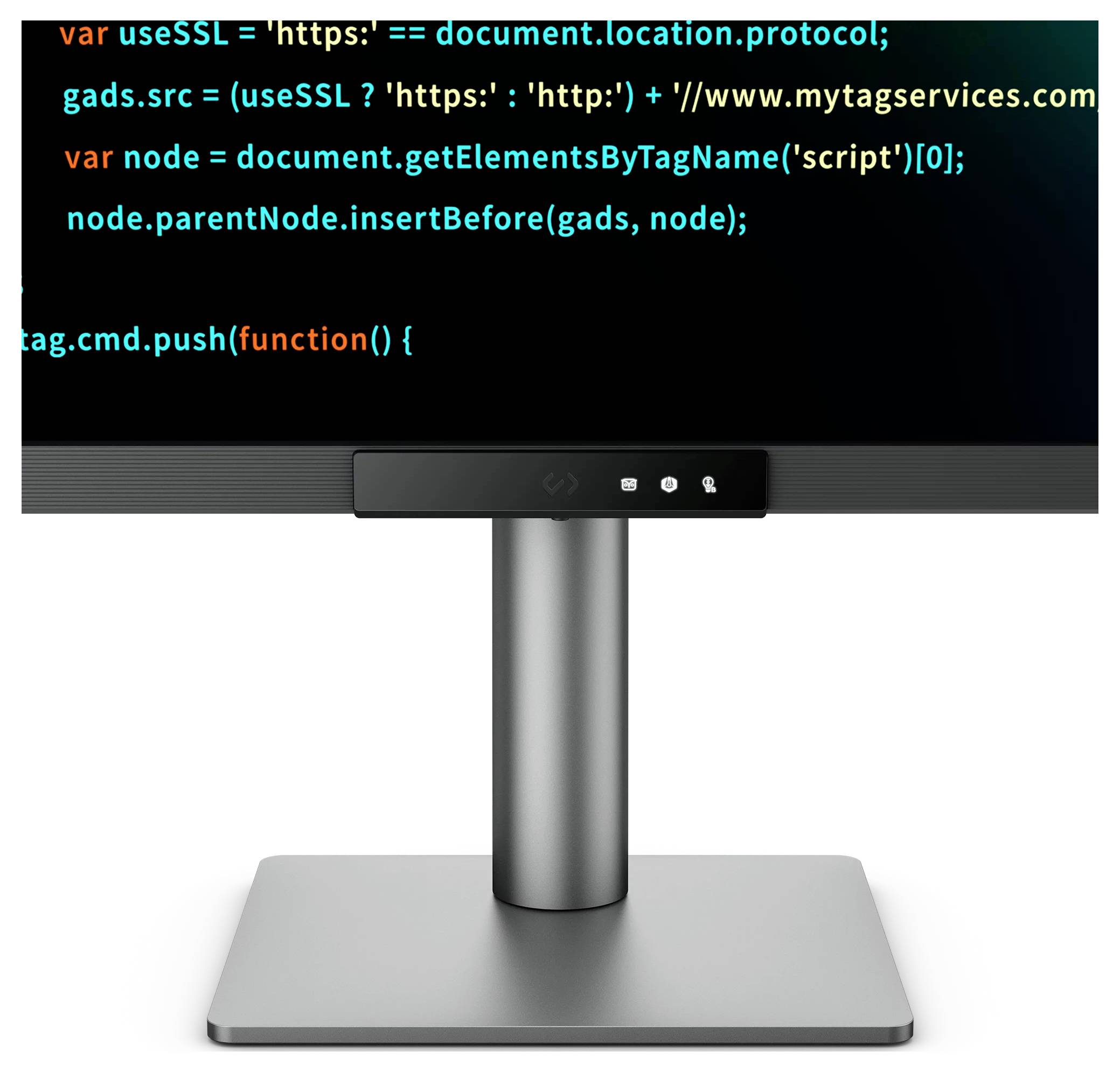 Ein Flachbildschirm-Monitor auf einem Ständer zeigt Code auf einem schwarzen Bildschirm mit silberner Basis und Säule vor einem weißen Hintergrund.