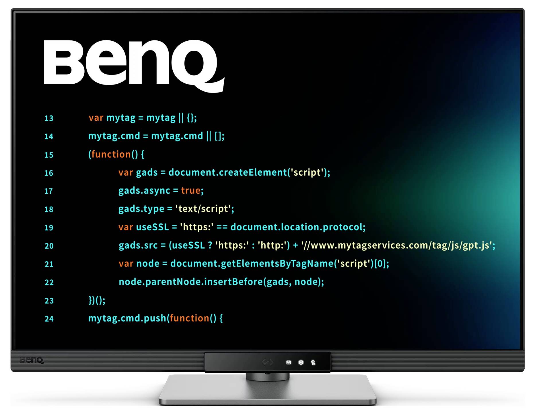BenQ-Monitor zeigt ein Code-Snippet auf einem dunklen Bildschirm an, mit dem BenQ-Logo prominent in der oberen linken Ecke.