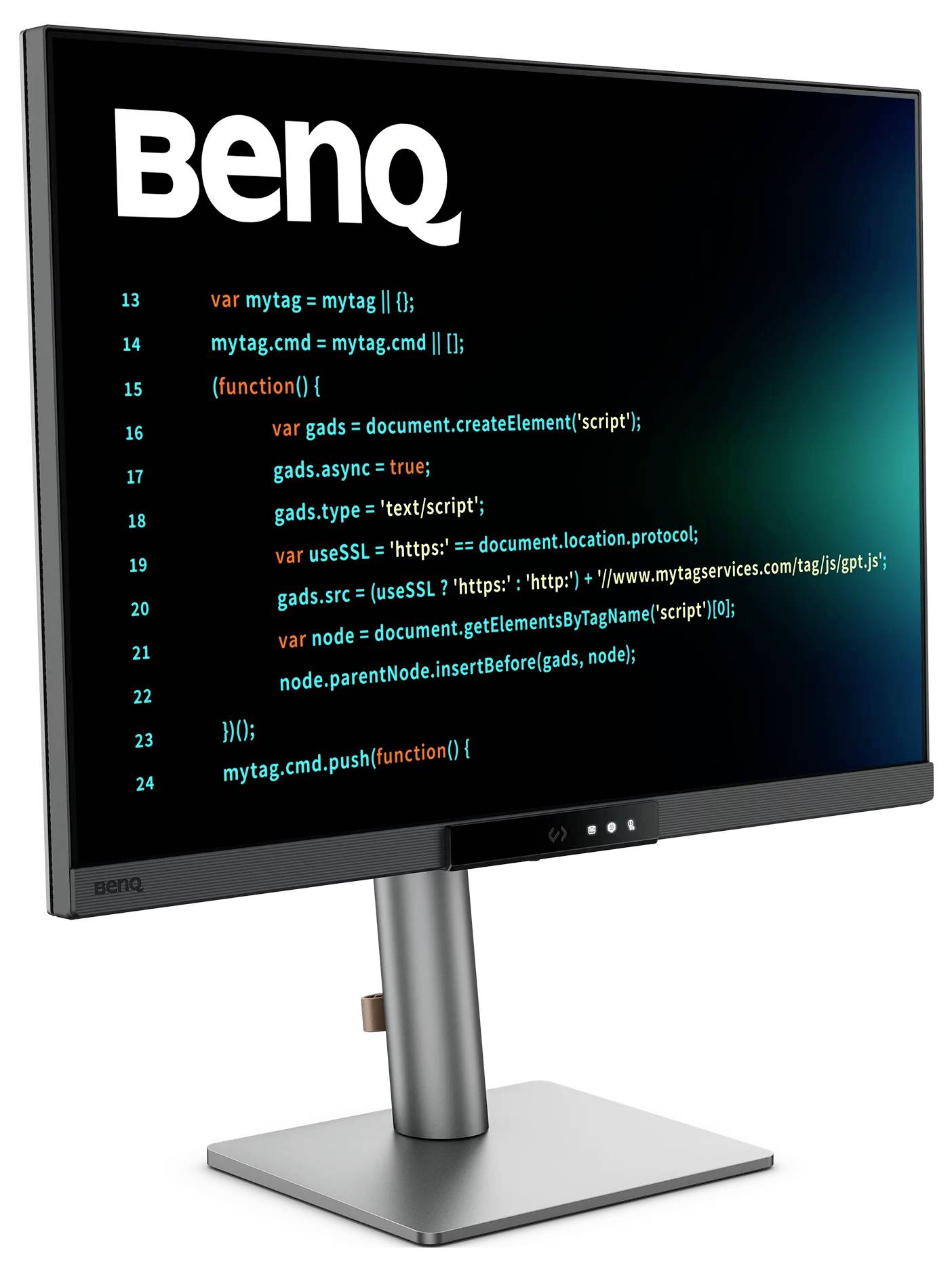 BenQ-Monitor auf einem Ständer mit Code auf schwarzem Bildschirm und BenQ-Logo in der oberen linken Ecke.