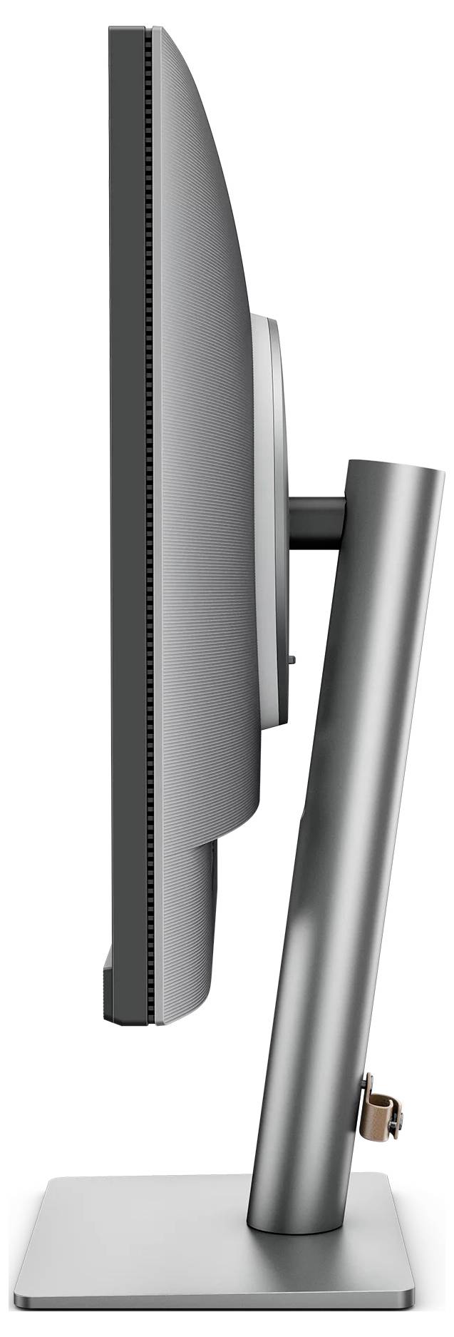 Seitenansicht eines silbernen Desktop-Monitors auf einem Ständer mit rechteckiger Basis.