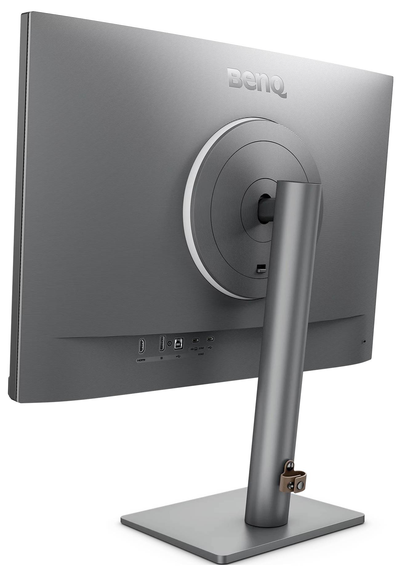 Rückansicht eines BenQ-Desktop-Monitors auf einem Ständer, zeigt die Halterung, Kabelanschlüsse und die verstellbare Basis.
