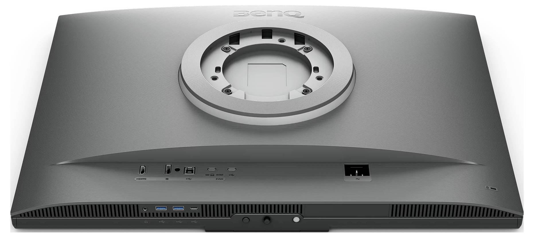 Rückansicht eines BenQ-Monitors mit sichtbarem kreisförmigen VESA-Montageplatz, Anschlüssen und Belüftungszlitzen.