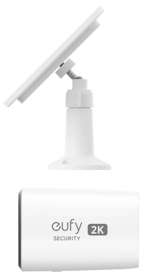 Eufy Security 2K Gerät mit einer weißen verstellbaren Kamera auf einem Ständer, abgebildet über seiner Produktverpackung.