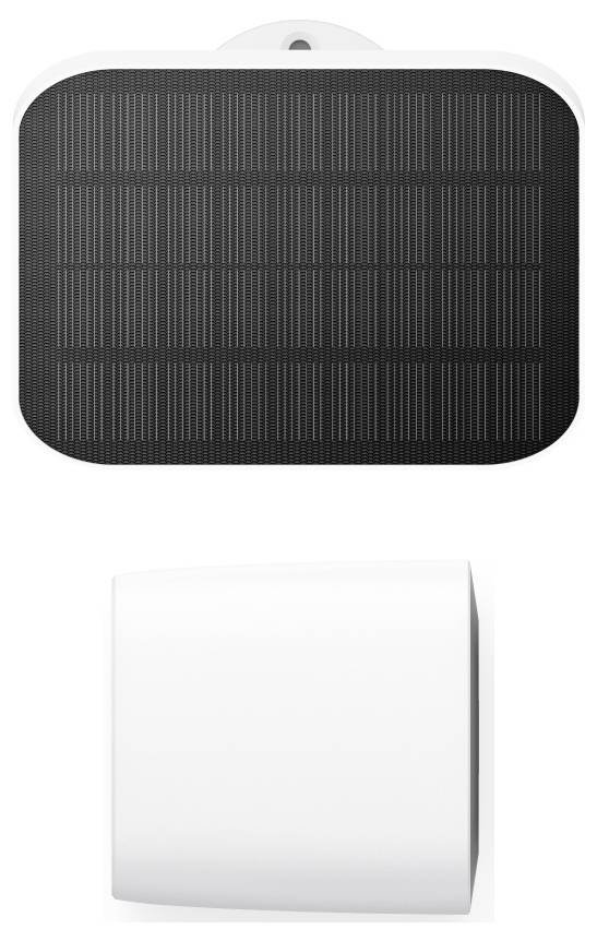 Zwei Solarpaneele, ein schwarzes rechteckiges Paneel über einem weißen quadratischen Paneel, auf einfachem Hintergrund dargestellt.