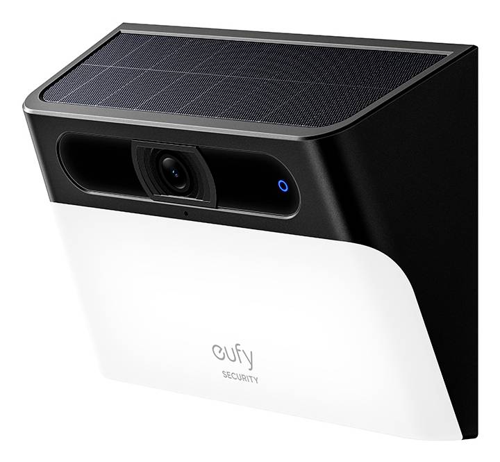 Eufy Security Outdoor-Kamera mit Solarpanel oben, schwarz-weißes Gehäuse und zentrales Objektiv mit blauem Anzeigelicht.