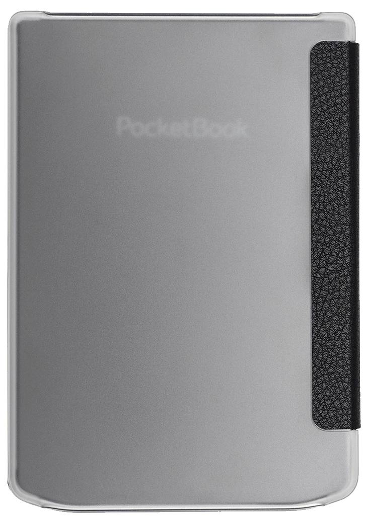 Grauer PocketBook E-Reader in einer schwarzen strukturierten Schutzhülle, geschlossen und von vorne gezeigt.
