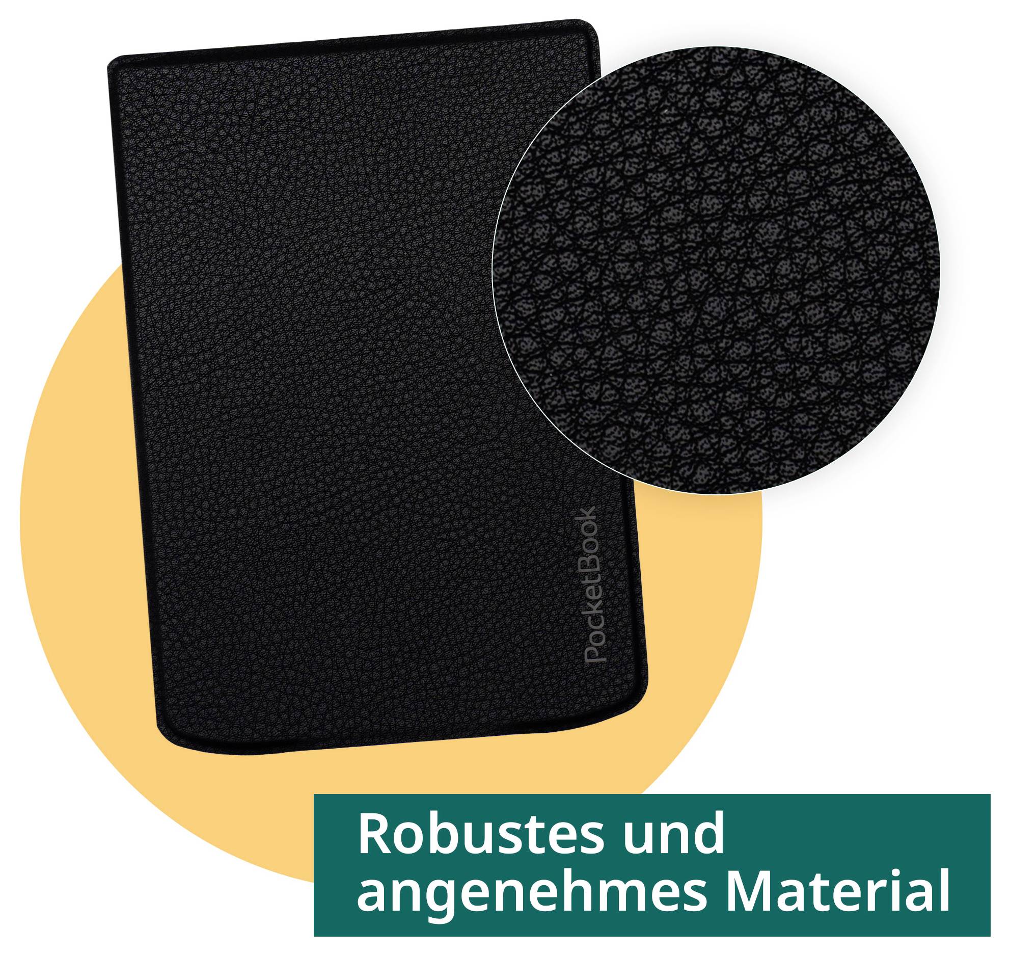 Schwarze PocketBook E-Reader-Schutzhülle mit strukturiertem Material, gezeigt mit vergrößertem Texturdetail und dem deutschen Text „Robustes und angenehmes Material