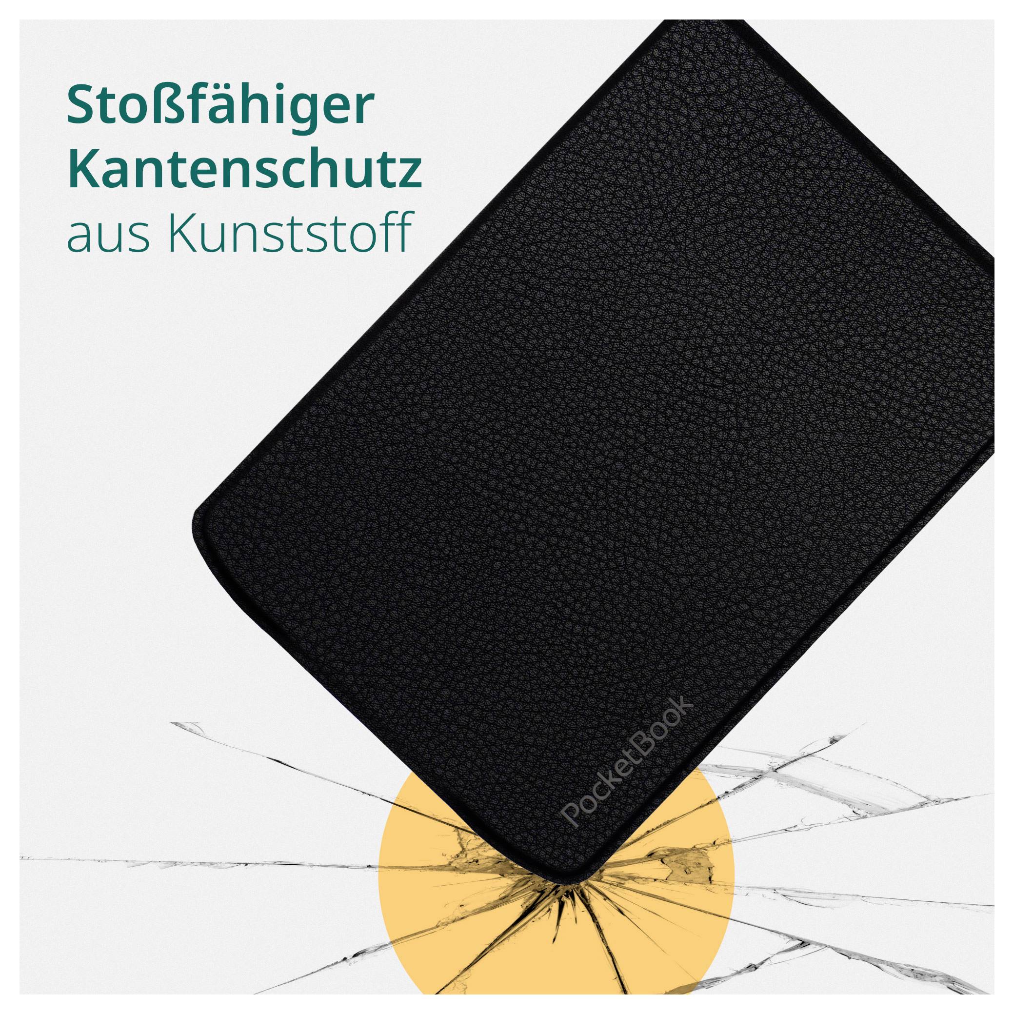 Schwarzes PocketBook-Gerät mit stoßfestem Kunststoff-Kantenschutz, das bei Aufprall Risse aufweist; deutscher Text besagt „Stoßfähiger Kantenschutz aus Kunststoff