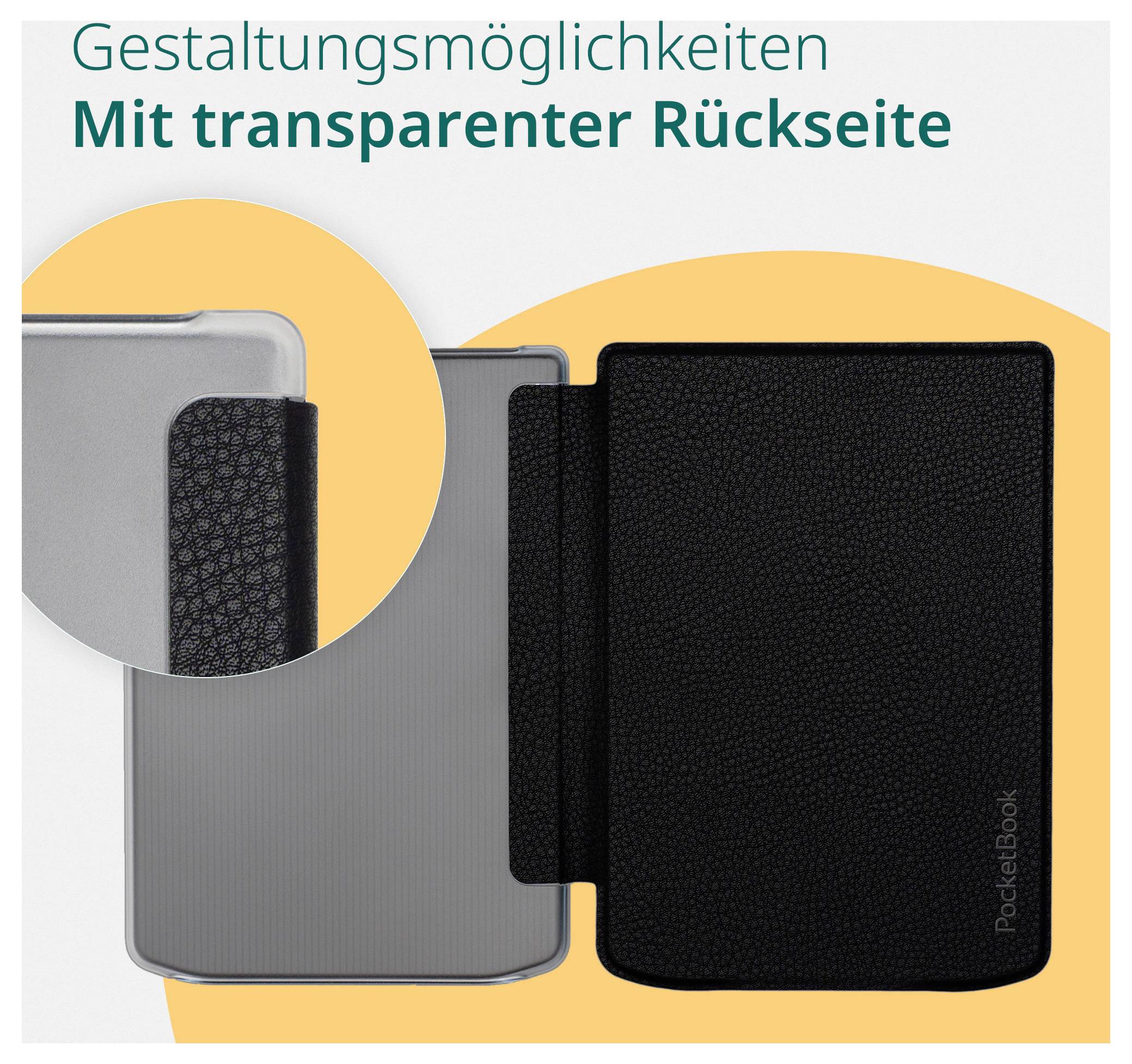 Grafikbild mit Designoptionen und transparentem Hintergrund: ein graues Handyschutzhülle neben einer schwarzen strukturierten Hülle, mit einer kreisförmigen Detailansicht und deutschem Titeltext.