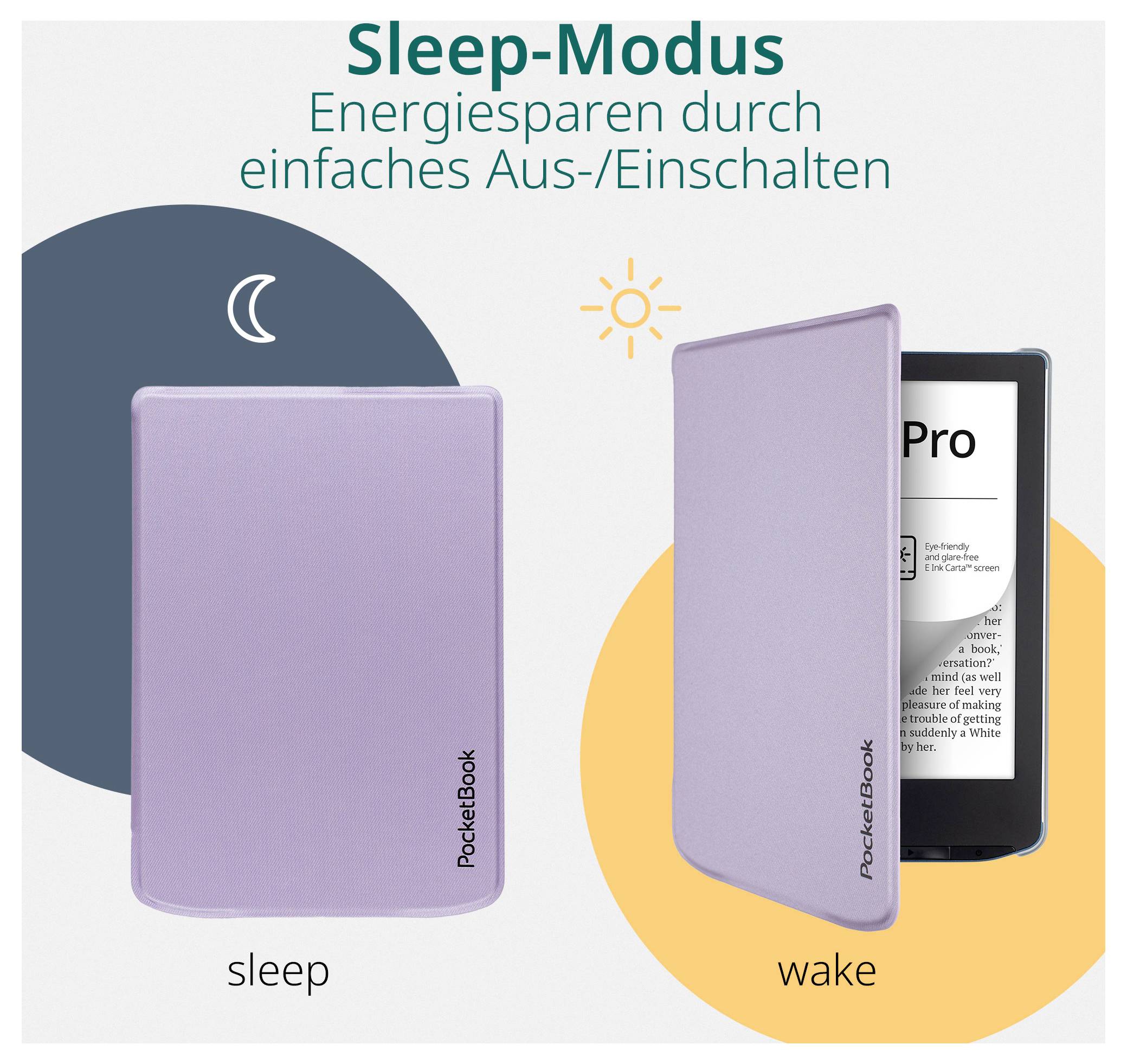 Grafik zeigt Energiesparen im Schlafmodus von PocketBook durch einfaches Ein-/Ausschalten: geschlossene Abdeckung im „Schlaf