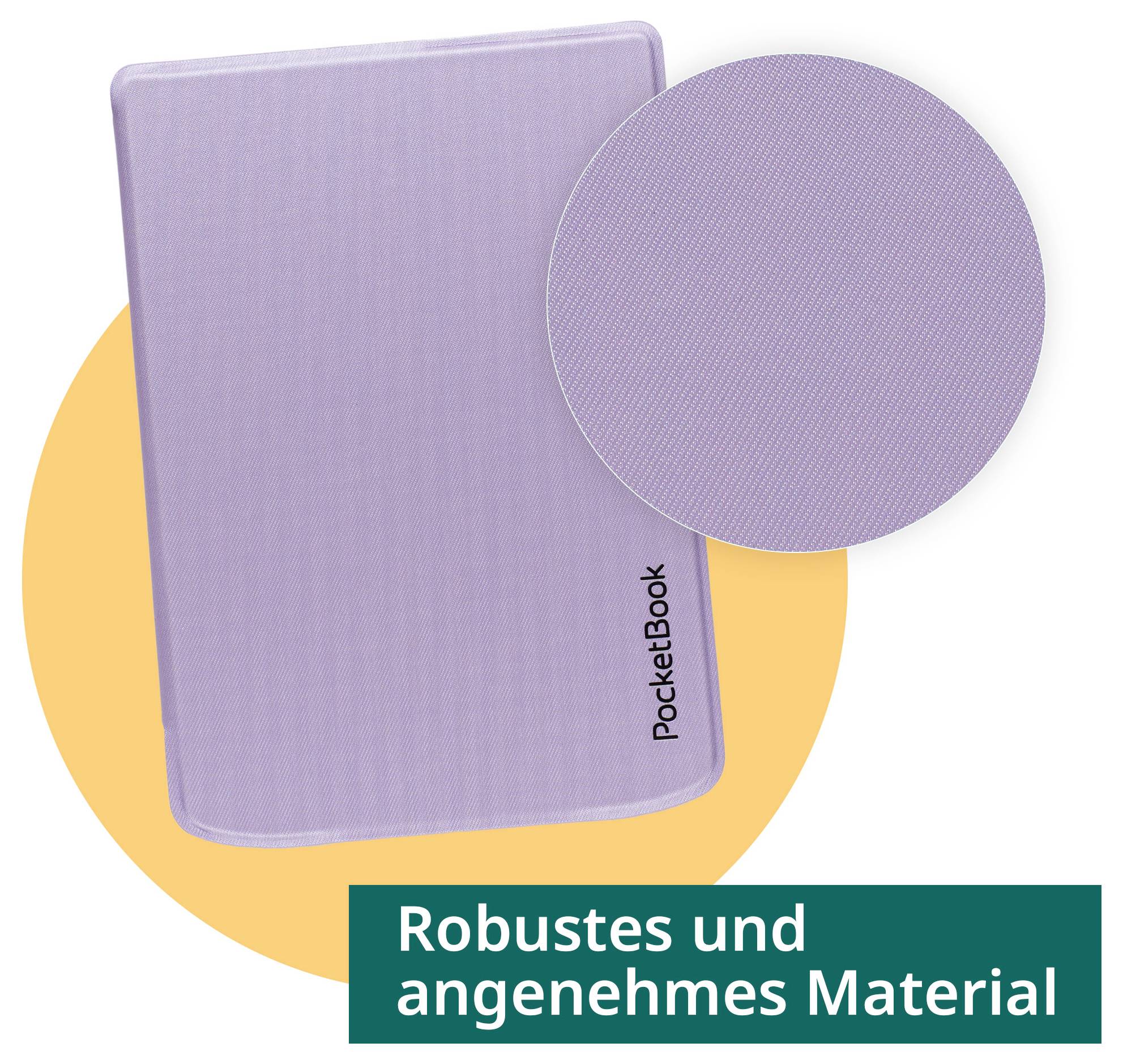 Purple PocketBook E-Reader mit einer Nahaufnahme-Textureinlage und der deutschen Bildunterschrift 
