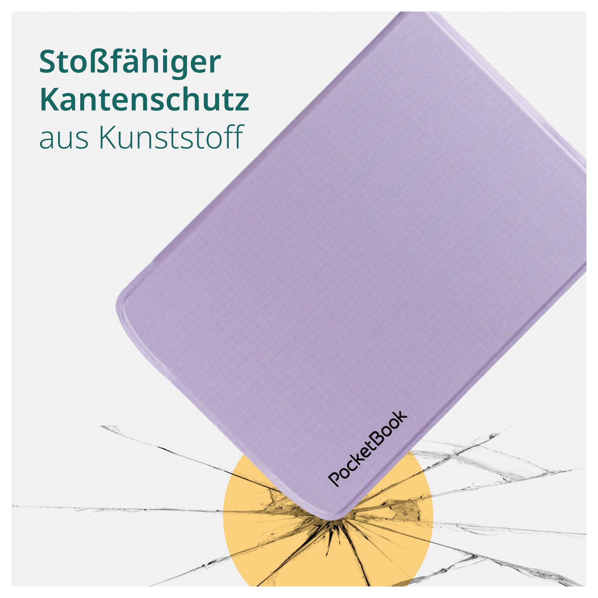 Purple PocketBook e-reader diagonal dargestellt, geschützt durch robuste Kunststoff-Kantenschutzvorrichtung; Deutscher Text lautet „Stoßfähiger Kantenschutz aus Kunststoff