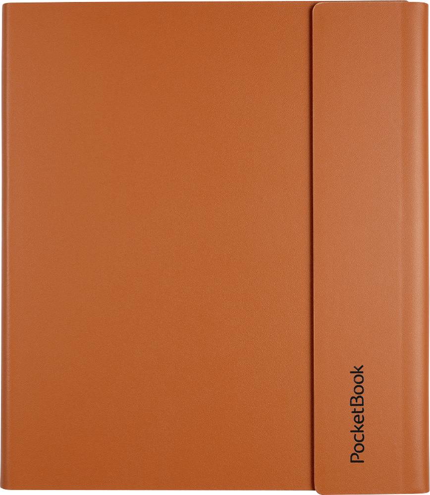 Orange PocketBook e-Reader geschlossen, Vorderseite gezeigt mit vertikalem 