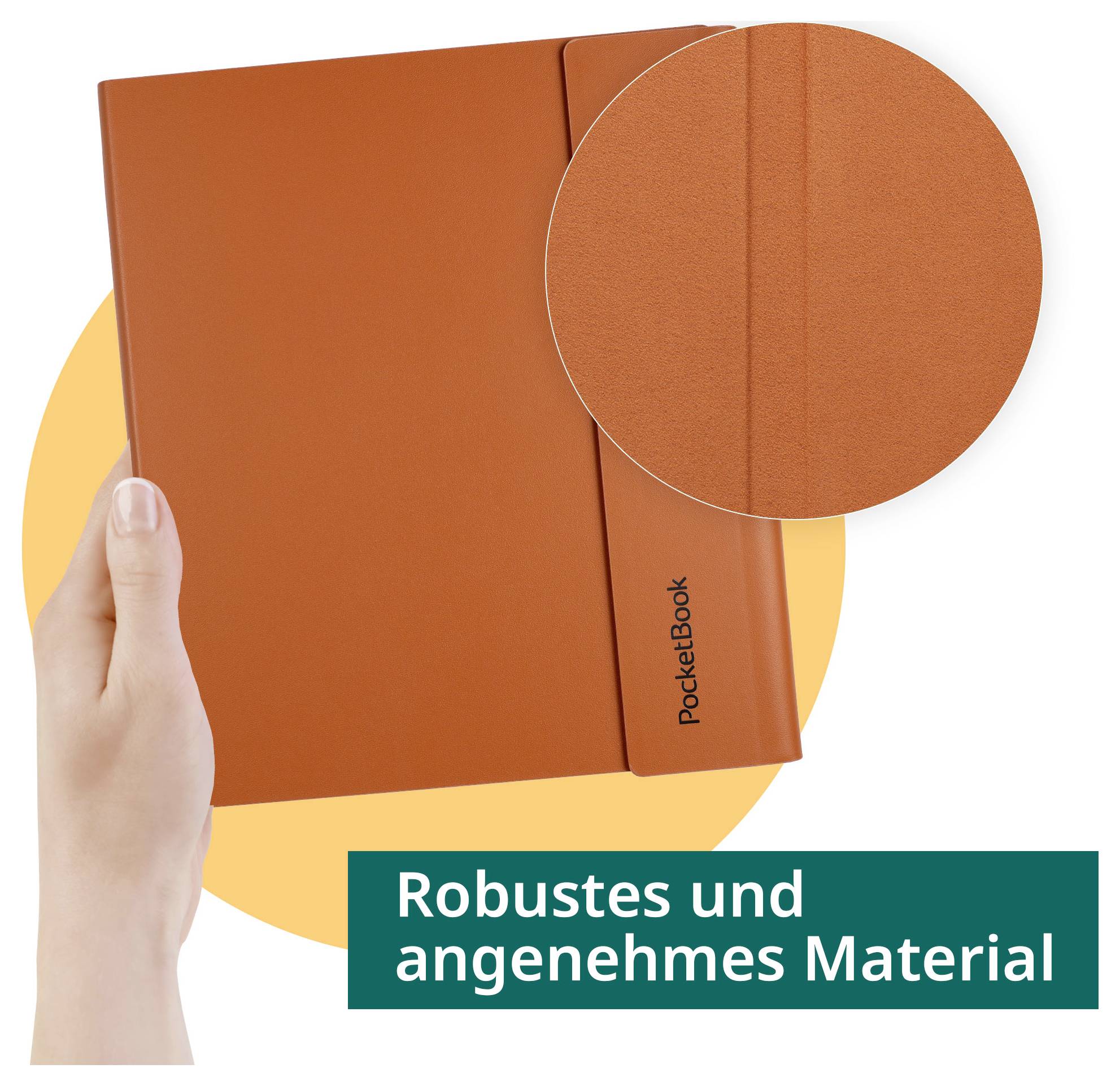 Hand hält einen orangefarbenen PocketBook E-Reader mit einer vergrößerten Nahaufnahme, die das strukturierte, robuste Cover hervorhebt; Beschriftung lautet „Robustes und angenehmes Material