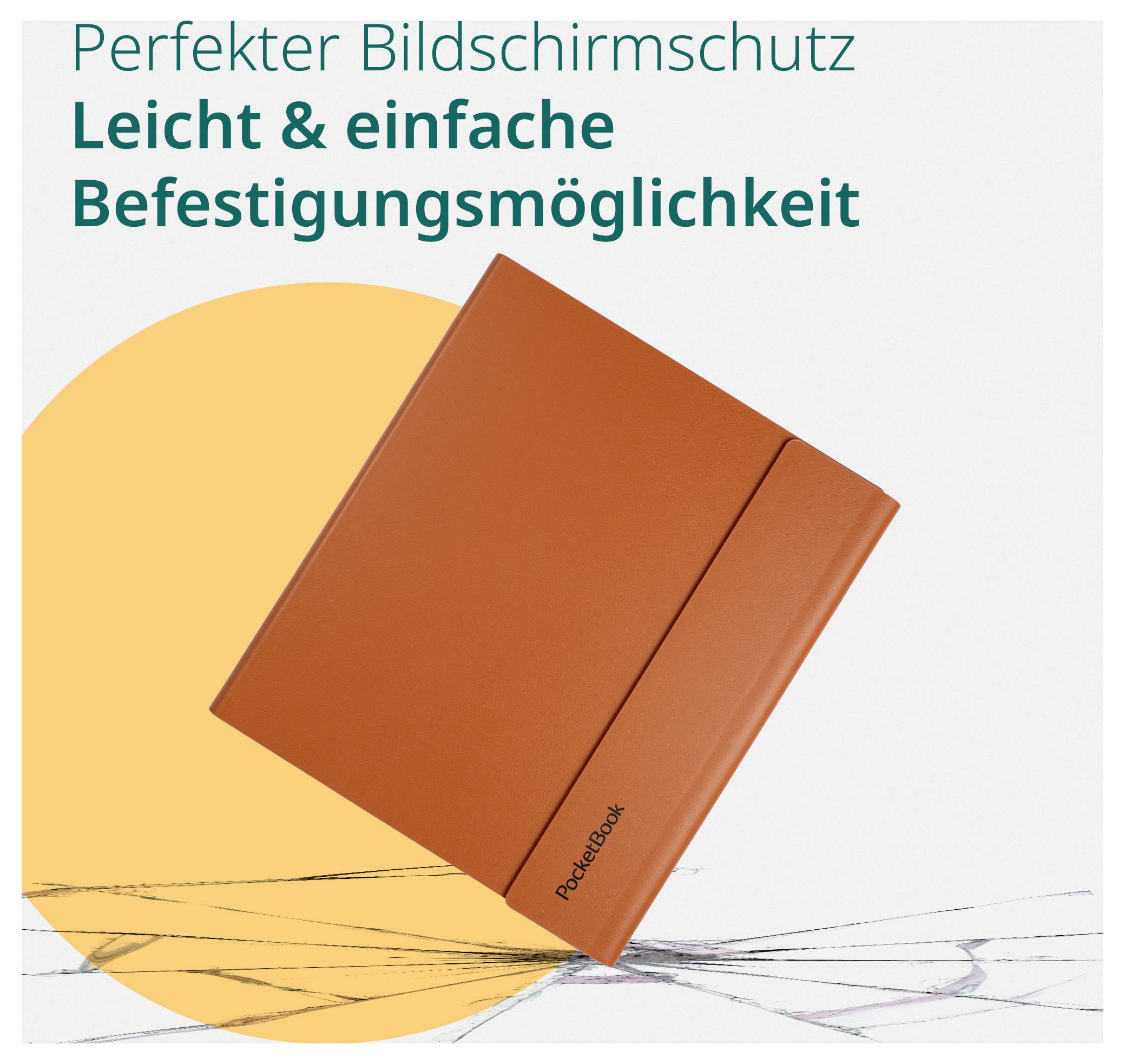 Orange PocketBook E-Reader Schutzhülle in perspektivischer Ansicht mit deutschem Text: 