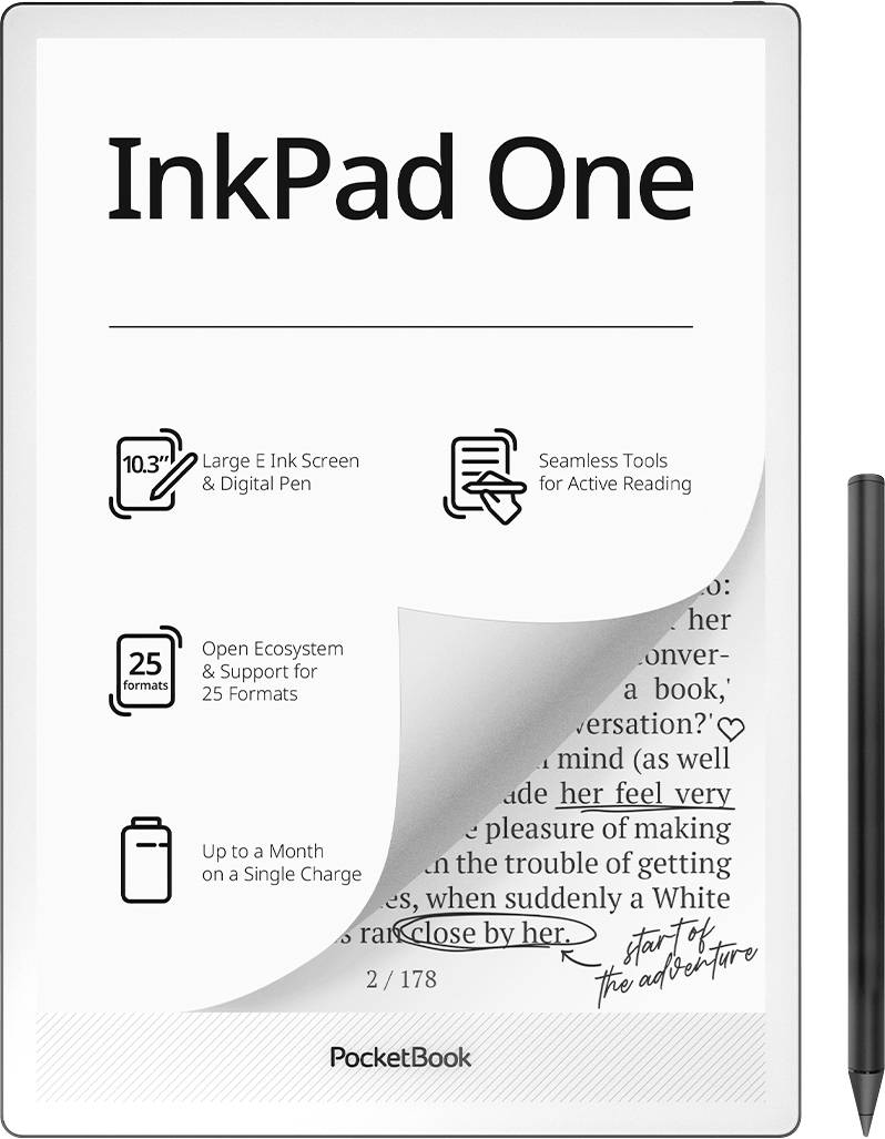 Werbebild eines PocketBook InkPad One E-Readers mit Stift, das „InkPad One