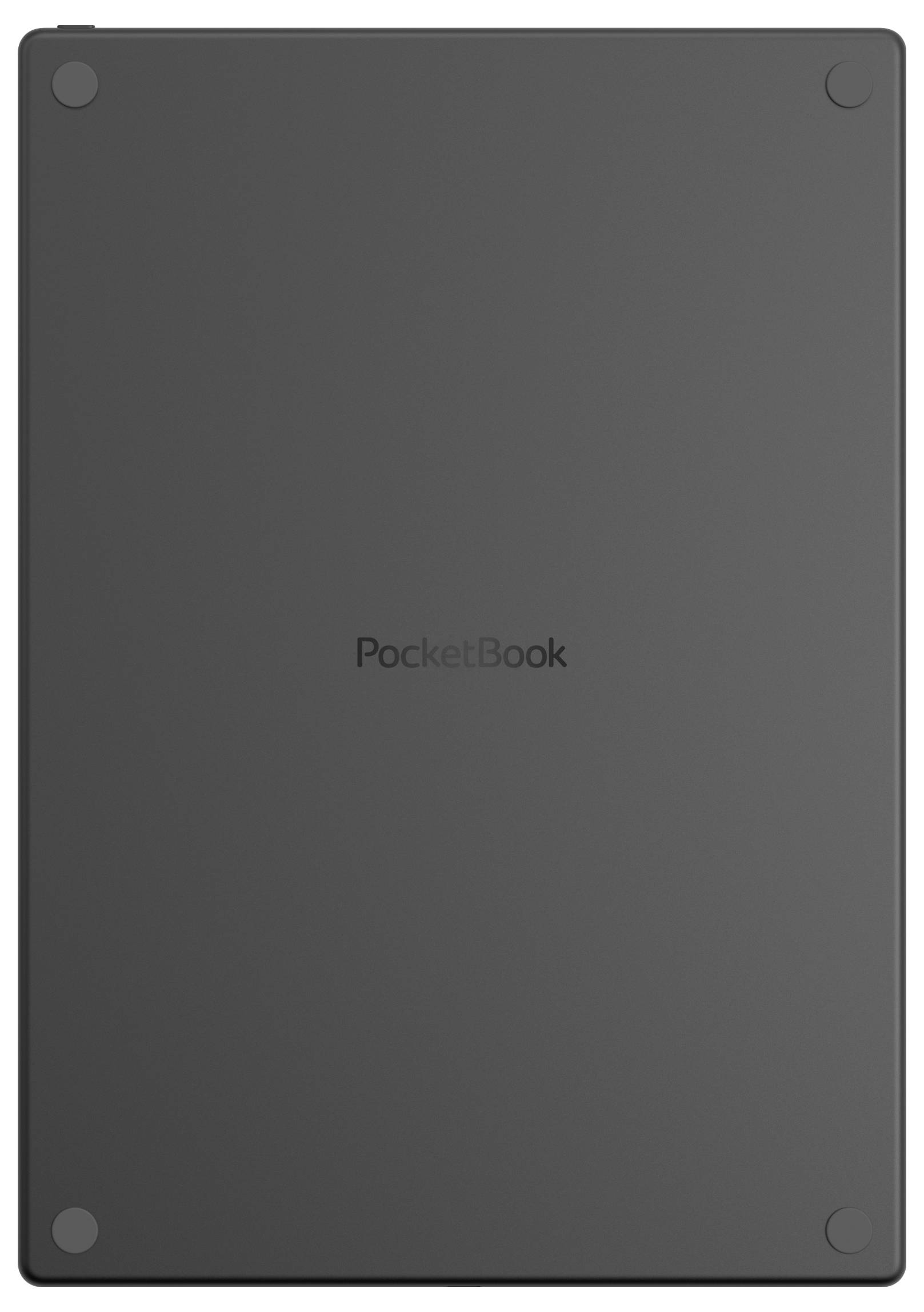 Rückansicht eines grauen PocketBook-E-Readers mit vier Eckenstoßfängern und zentriertem 