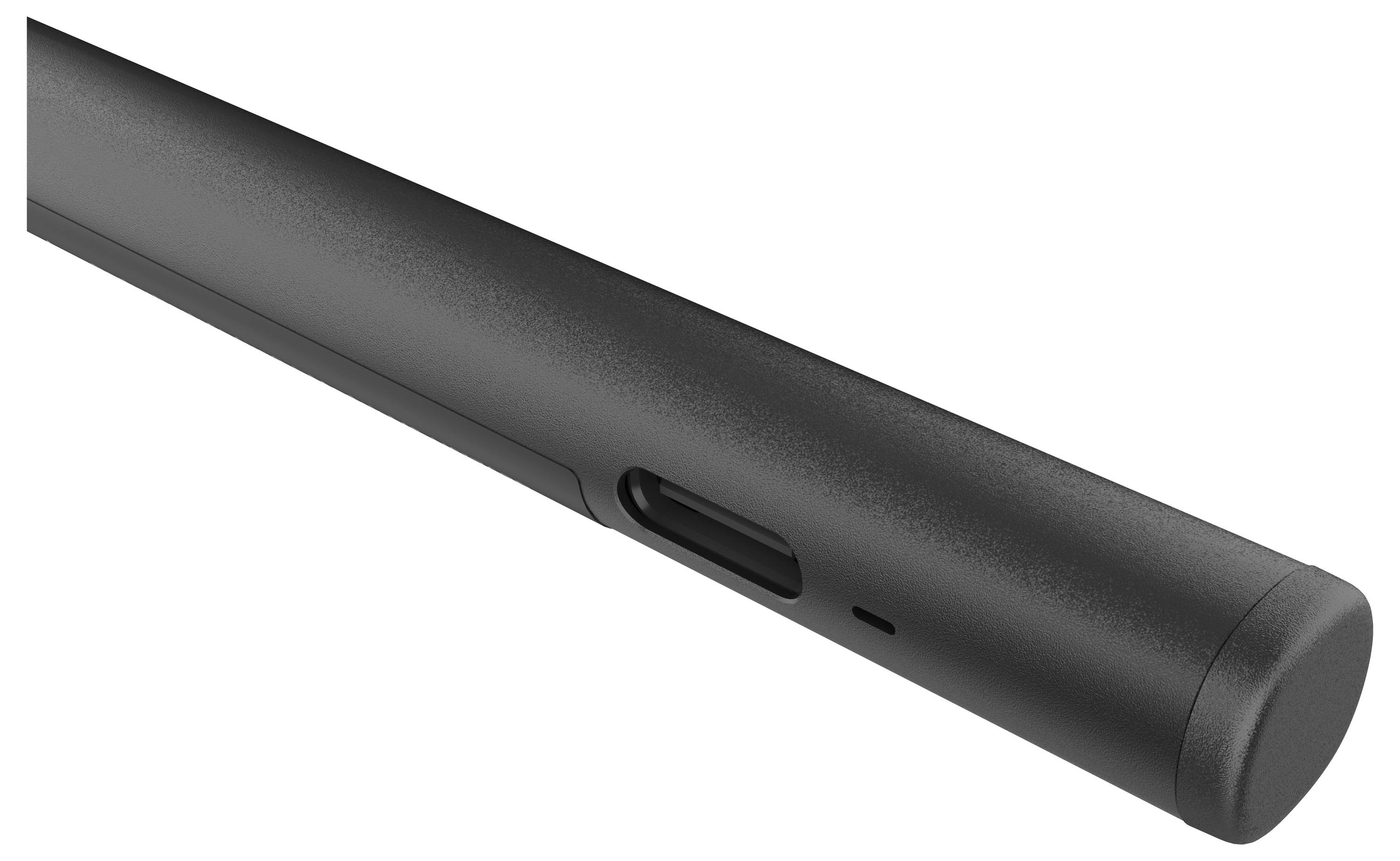Schwarzes zylindrisches elektronisches Gerät mit vertiefter USB-C-Ladebuchse und kleinem Kontrollloch an der Seite.