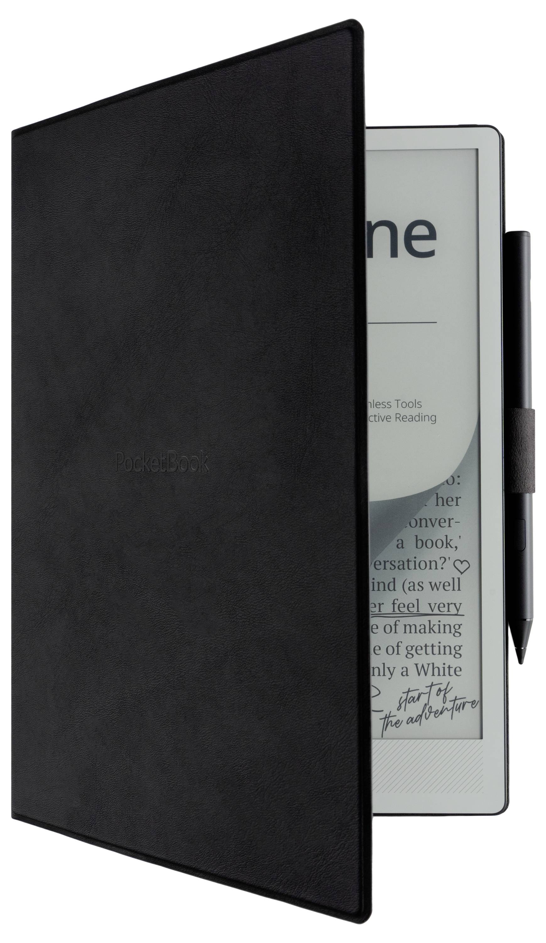 Ein E-Reader, der teilweise von einer schwarzen Schutzhülle bedeckt ist, mit einem Stylus, der an der Seite befestigt ist.