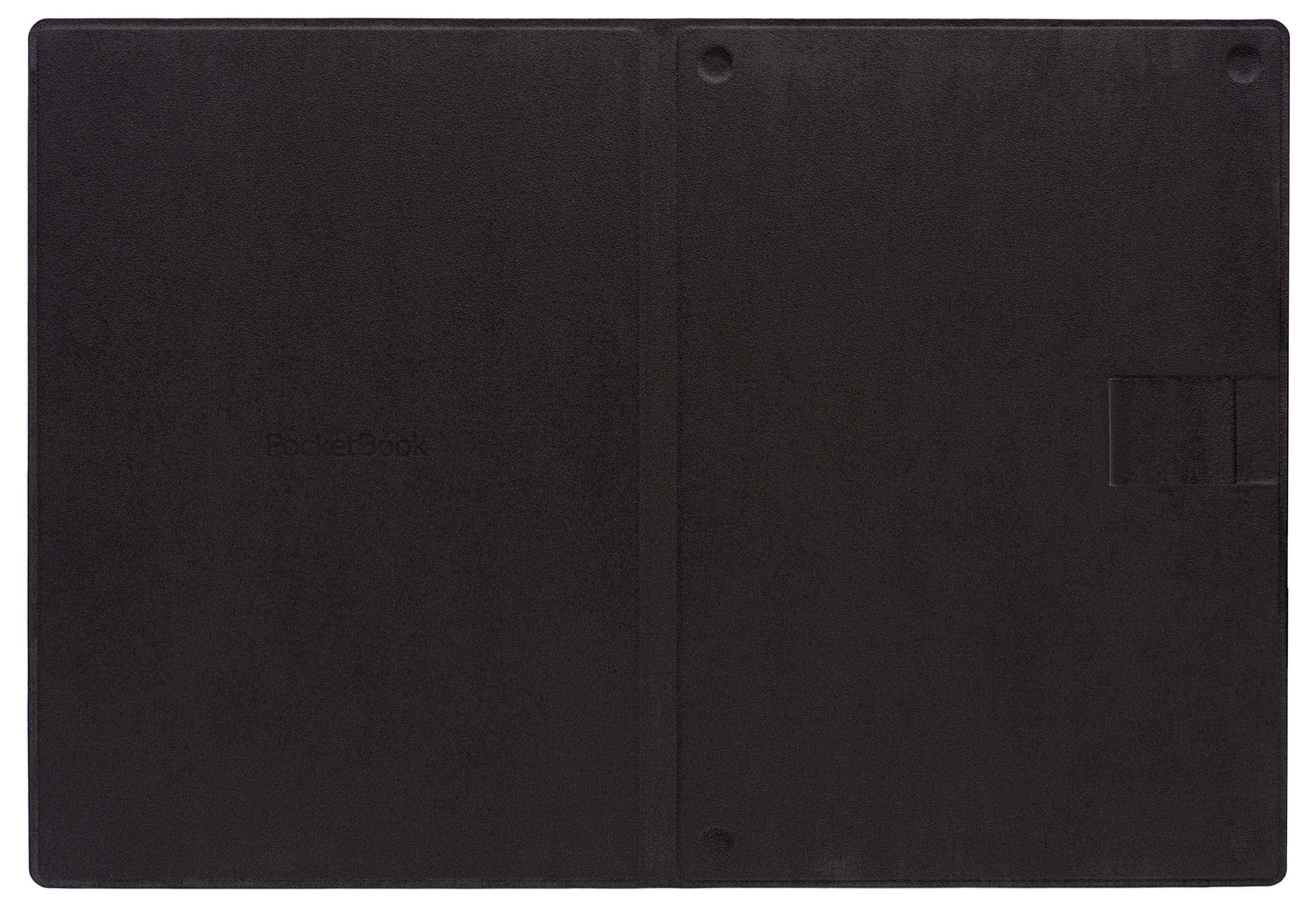 Geschlossenes schwarzes Laptop- oder Tablettetui, von hinten gezeigt, mit zentralem Scharnier und kleiner Kameraausschnitt.