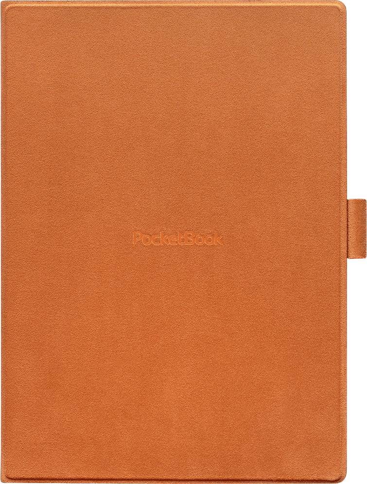 Orange PocketBook E-Reader Schutzhülle mit zentriertem Logo und Seitenlaschen, geschlossen auf weißem Hintergrund dargestellt.