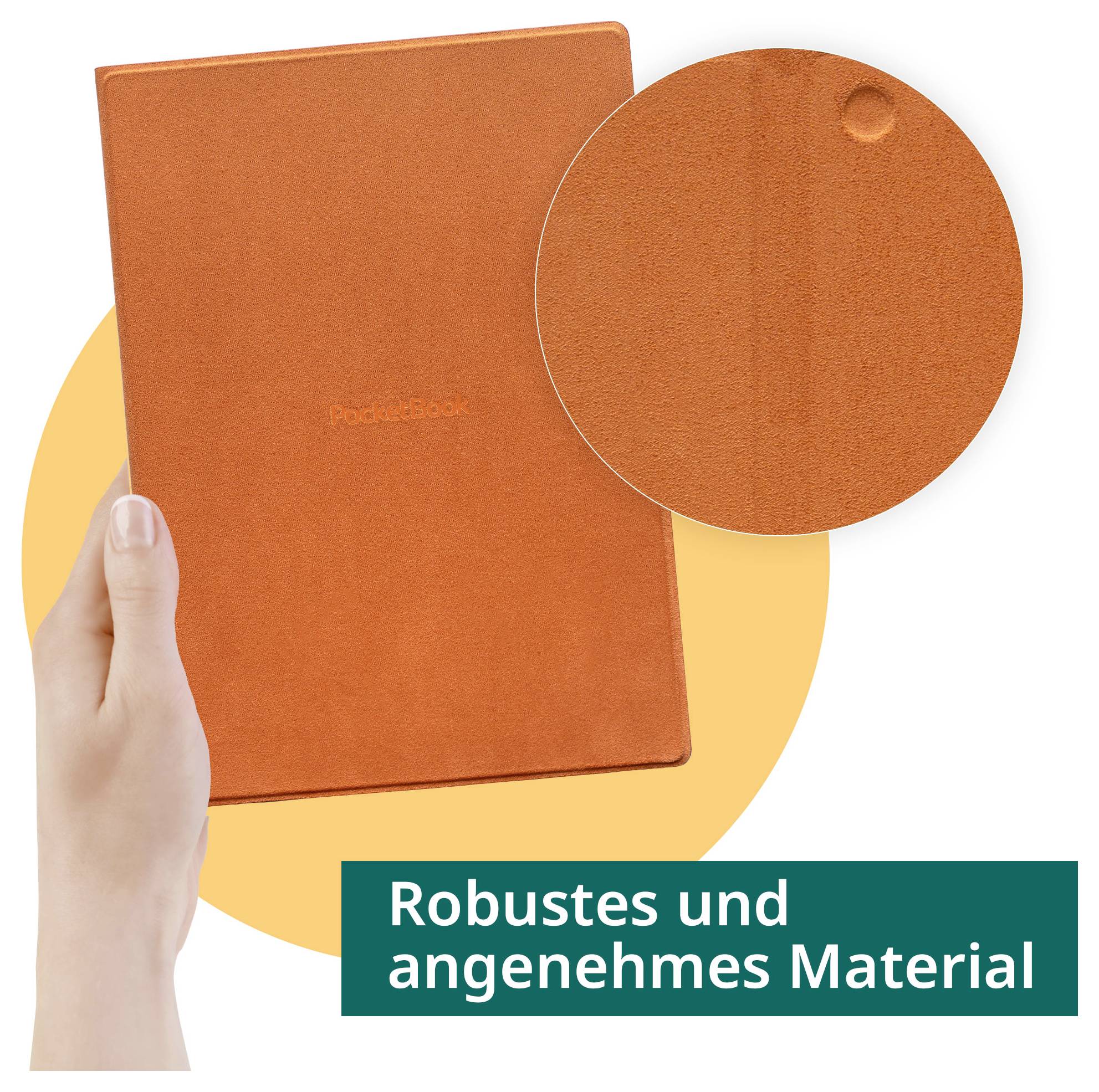 Hand, die ein oranges Rocketbook-Notizbuch hält, mit einer Nahaufnahme im Inset, die die strukturierte Oberfläche zeigt, und deutschem Text „Robustes und angenehmes Material