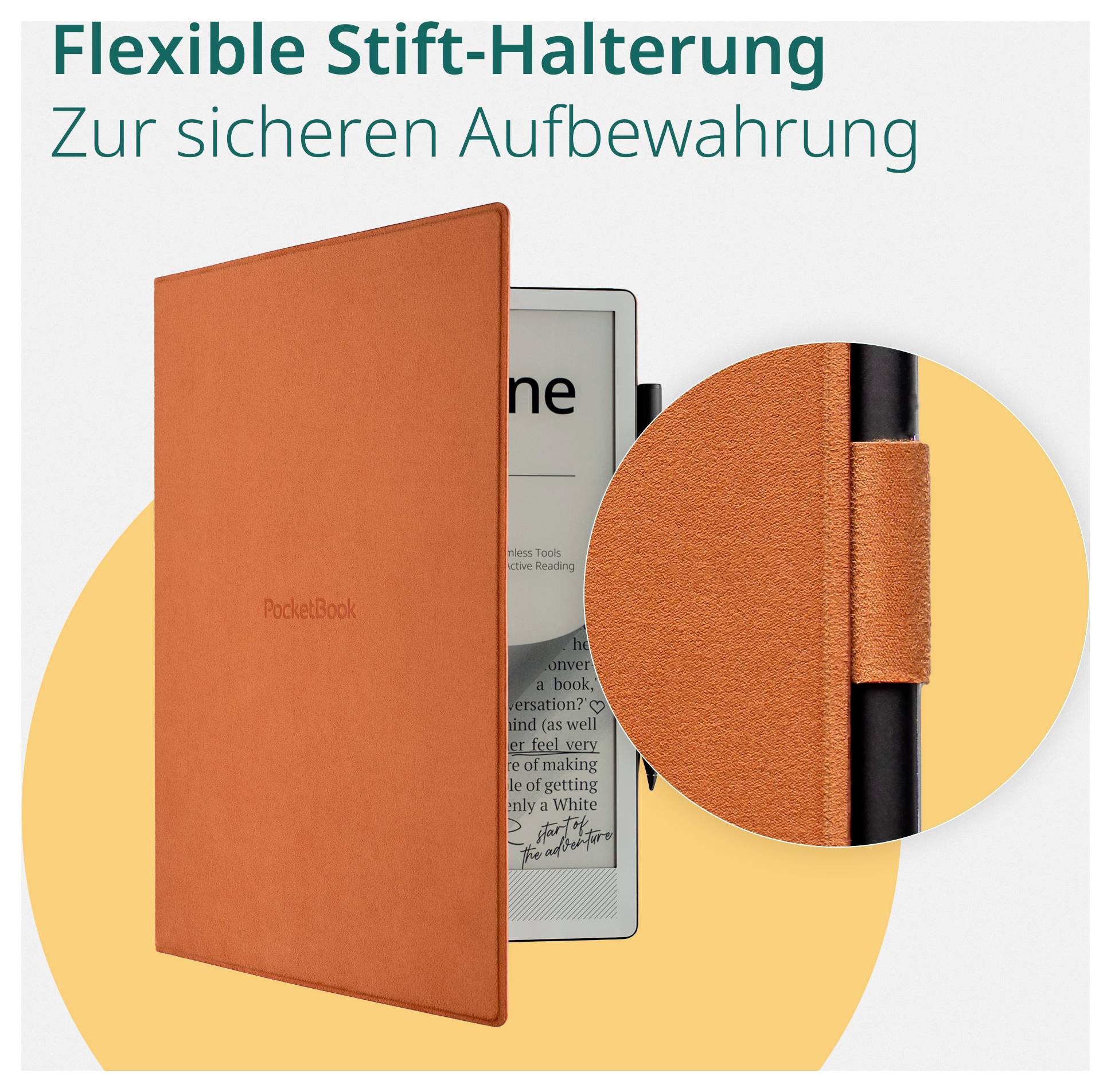 Produktbild einer orangefarbenen E-Reader-Hülle mit flexibler Stifthalterung, dargestellt mit vergrößerter Nahaufnahme; deutscher Text lautet „Flexible Stift-Halterung