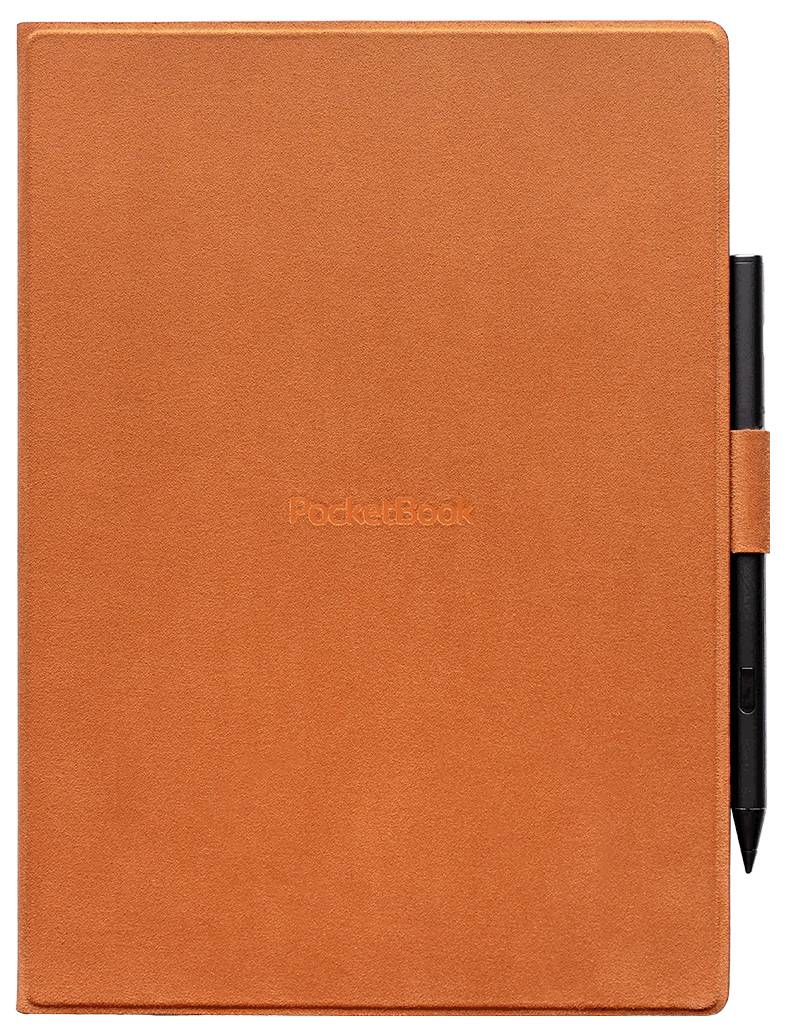 Orange PocketBook Notizbuch mit einem schwarzen Stift, der entlang der rechten Kante befestigt ist.