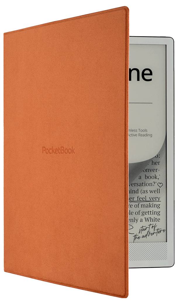 Orange PocketBook e-Reader mit teilweise geöffnetem Cover, das den Bildschirm im Inneren zeigt.