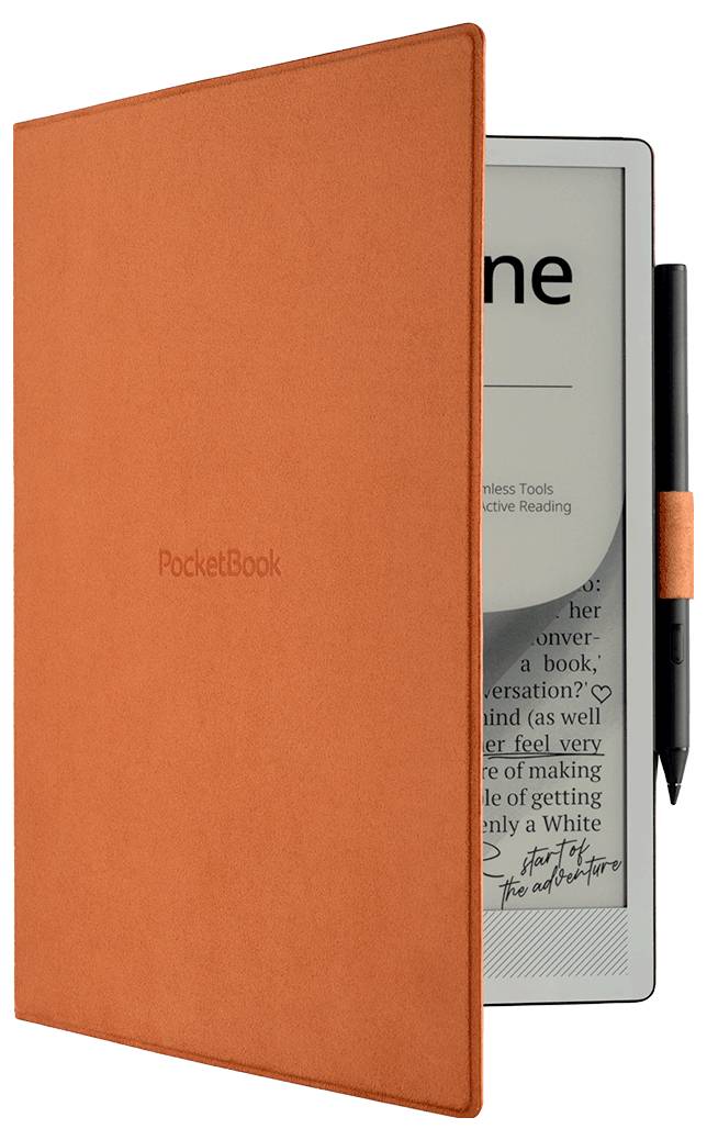 Orange PocketBook E-Reader mit teilweise geöffnetem Cover, zeigt seinen Bildschirm und den auf der rechten Seite angebrachten Stylus.