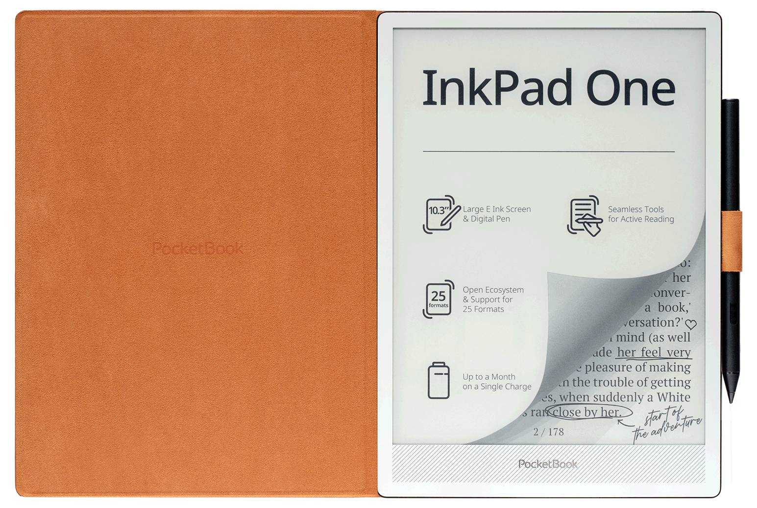 Orange PocketBook E-Reader-Hülle neben einem InkPad One-Tablet mit Stift, das die Geräteabdeckung des Bildschirms und den Produktnamen zeigt.