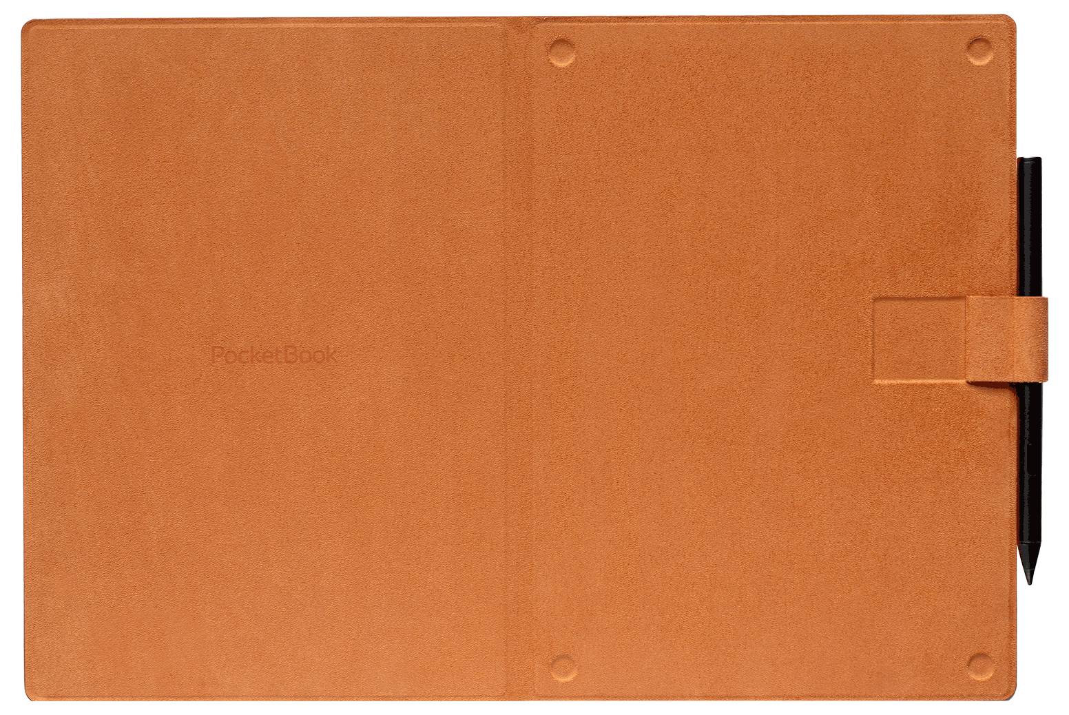 Orange PocketBook e-Reader-Schutzhülle mit seitlichem Stifthalter, geschlossen auf weißem Hintergrund gezeigt.