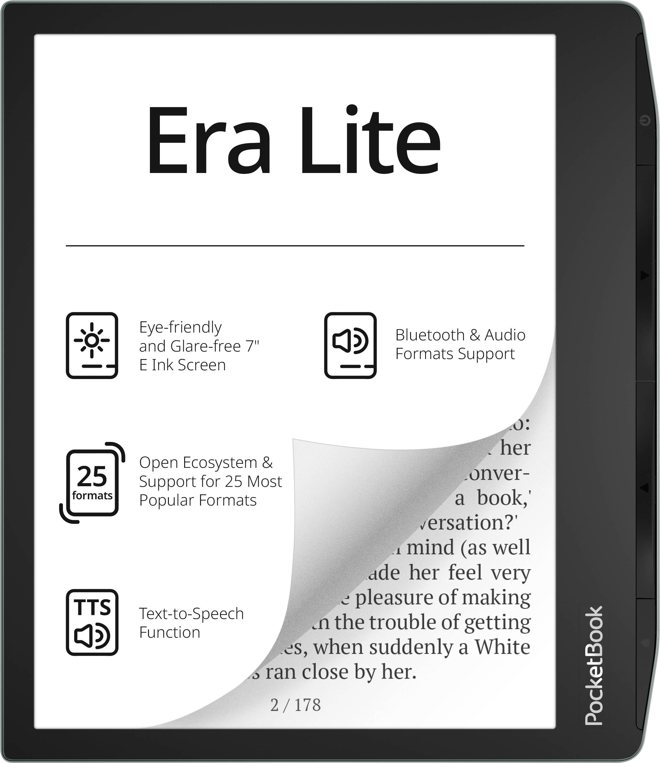 PocketBook Era Lite E-Reader-Anzeige mit 7-Zoll-E-Ink-Display mit augenschonendem, blendfreiem Display, Bluetooth-Audio, 25 Formaten und Text-to-Speech-Unterstützung.