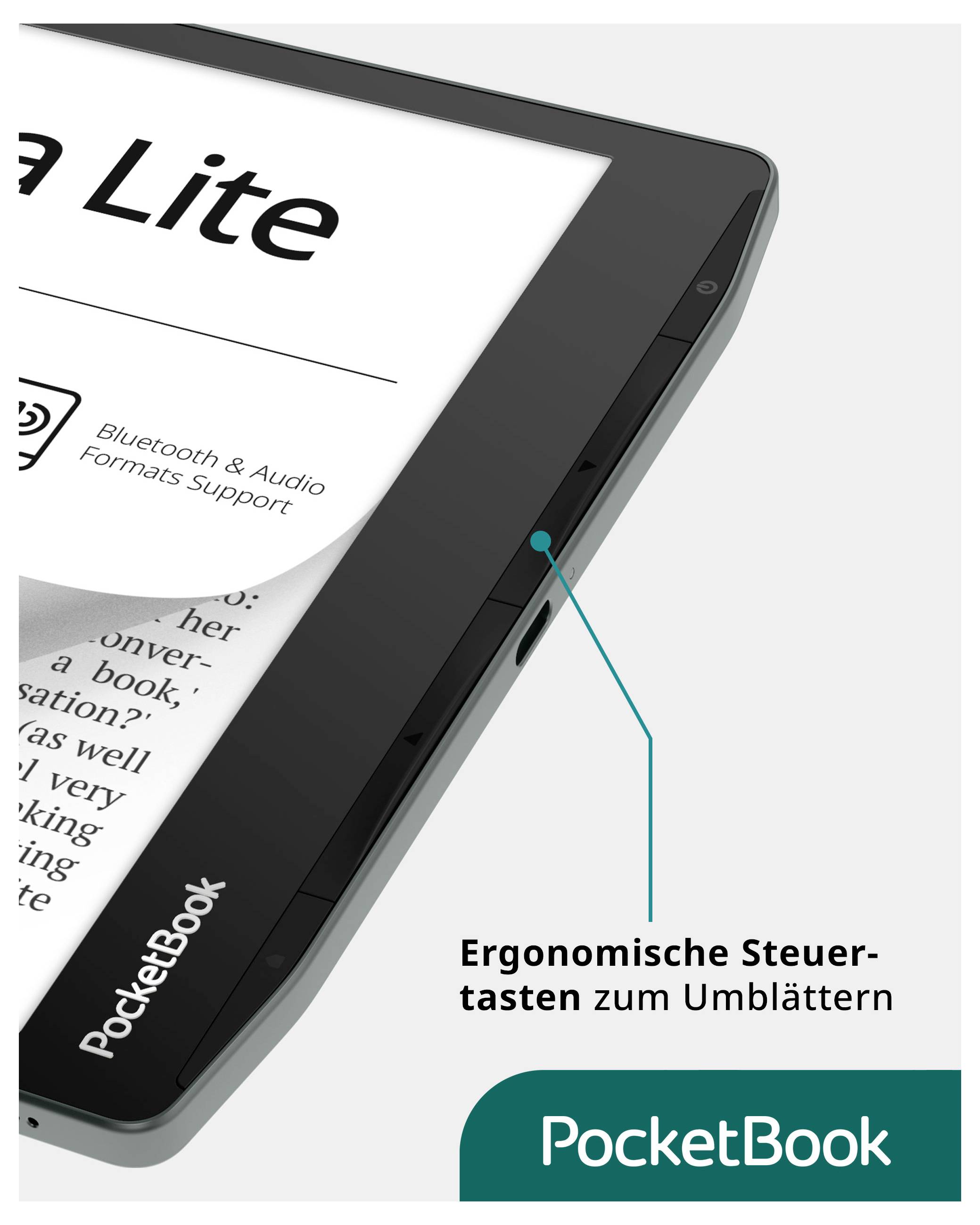 Nahaufnahme eines PocketBook E-Readers mit hervorgehobener Umblättertaste; Text sagt „Ergonomische Steuertasten zum Umblättern