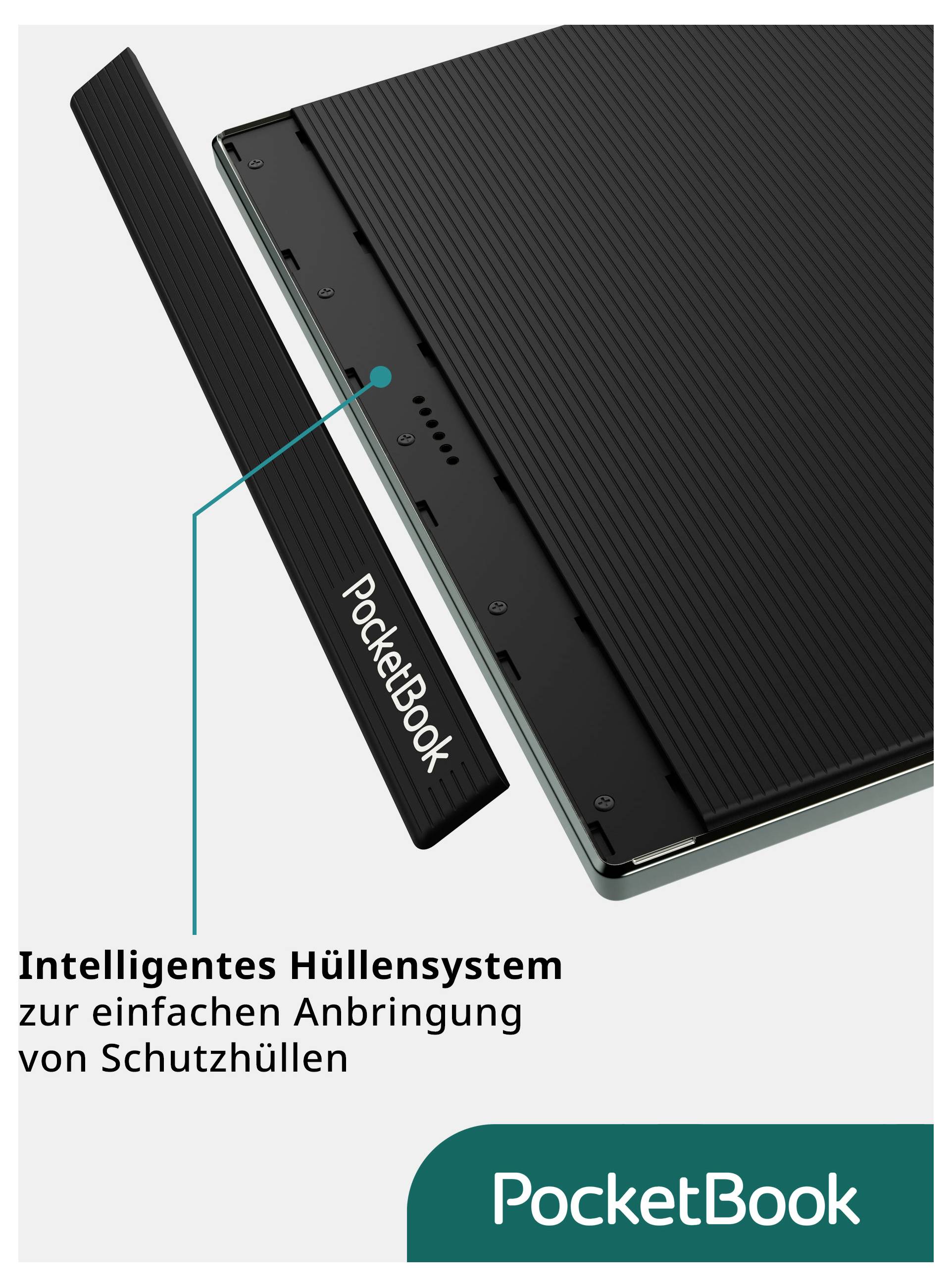 PocketBook e-reader mit magnetischem Schutzhüllensystem; deutscher Text besagt „Intelligentes Hüllensystem zur einfachen Anbringung von Schutzhüllen