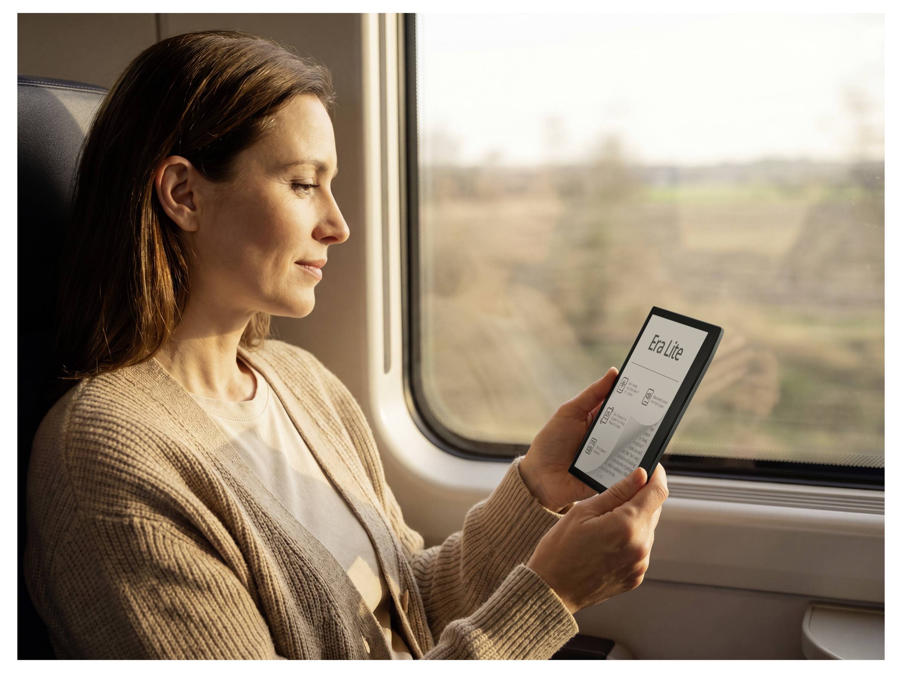 Frau in einem Zug, die auf ein Smartphone mit einem 