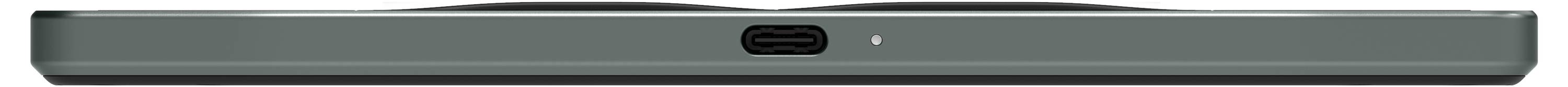 Seitenansicht eines geschlossenen grauen Laptops mit einem zentrierten USB-C-Anschluss und einer kleinen Anzeigelampe an der vorderen Kante.