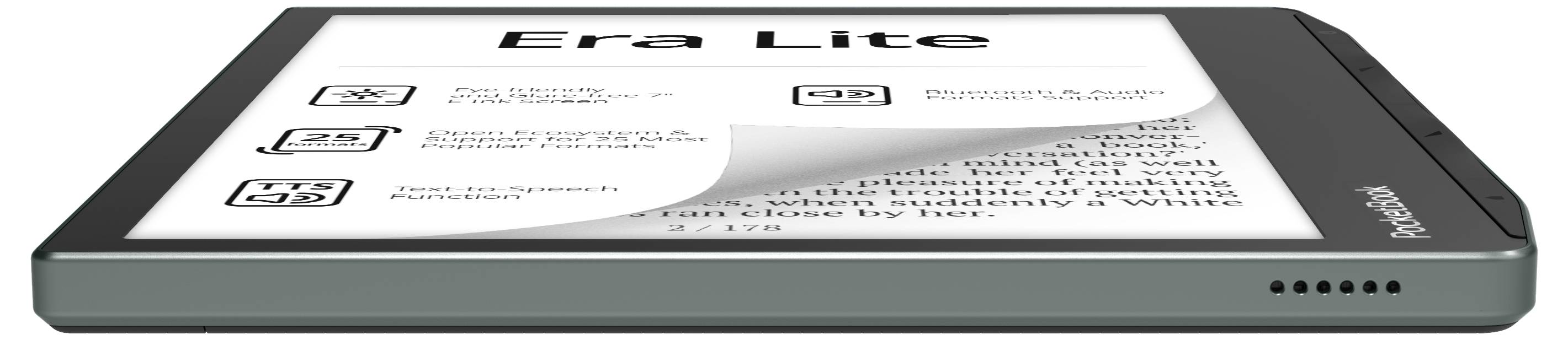 Black PocketBook e-reader, geschlossen dargestellt, mit gerippter Vorderseite und vertikalem 