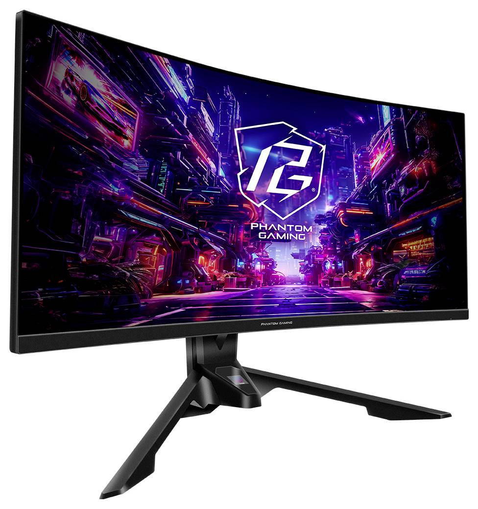 Gekrümmter Gaming-Monitor auf einem Ständer, der eine neonfarbene futuristische Stadtlandschaft anzeigt, mit dem zentriert auf dem Bildschirm platzierten Logo von 