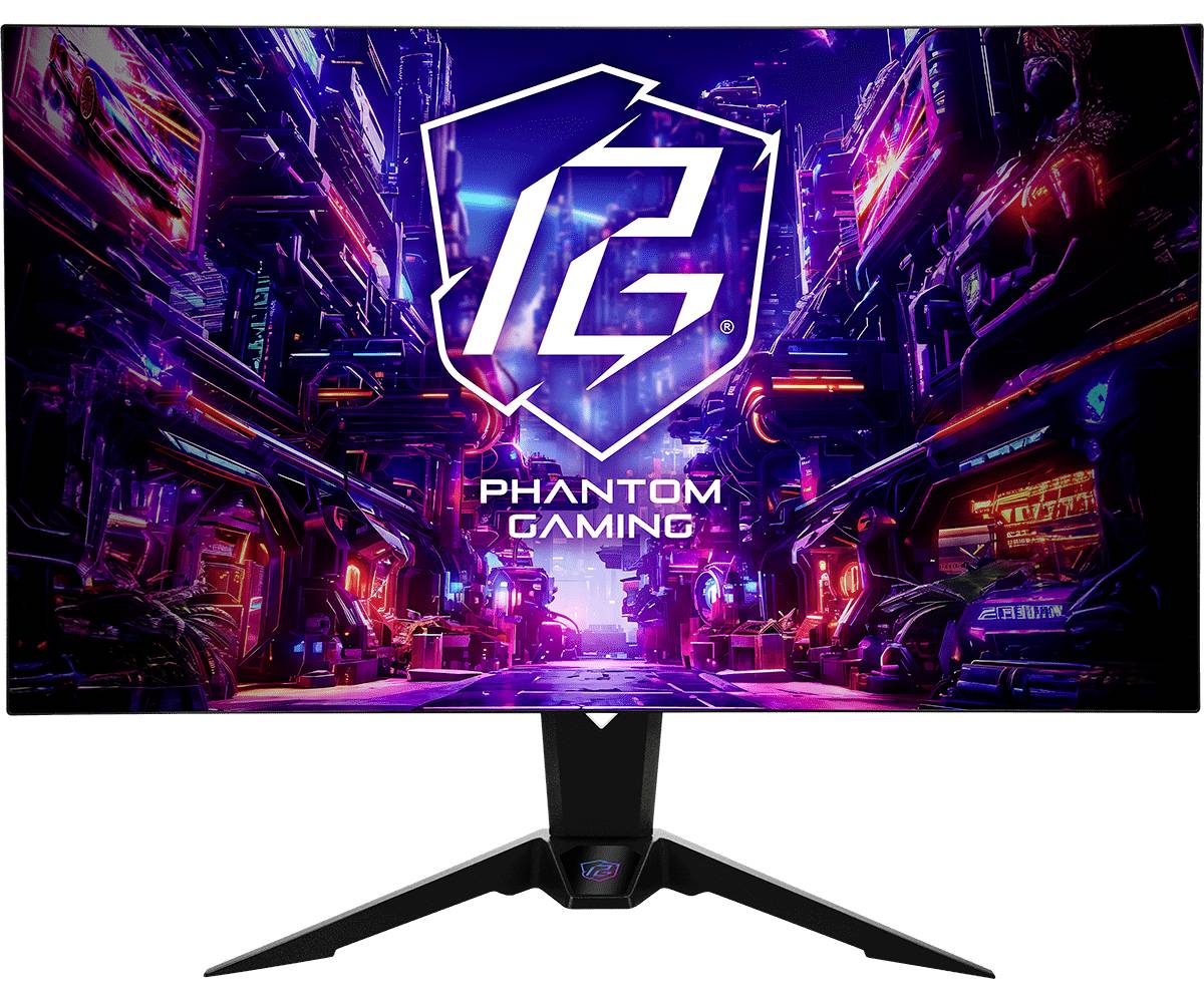 Gaming-Monitor mit dem Phantom Gaming-Logo über einer neon-leuchtenden Cyberpunk-Stadtszene, mit einem schwarzen V-förmigen Standfuß auf weißem Hintergrund.