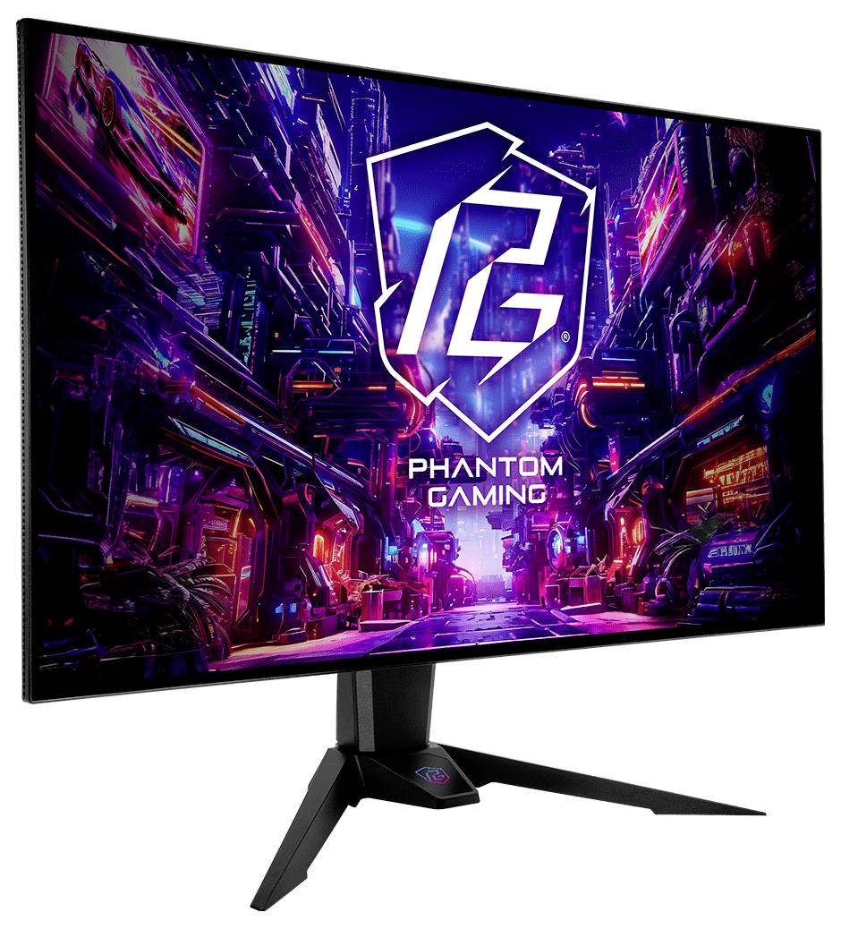 Gaming-Monitor mit einer neon-cyberpunk-Stadt und dem Logo „PHANTOM GAMING