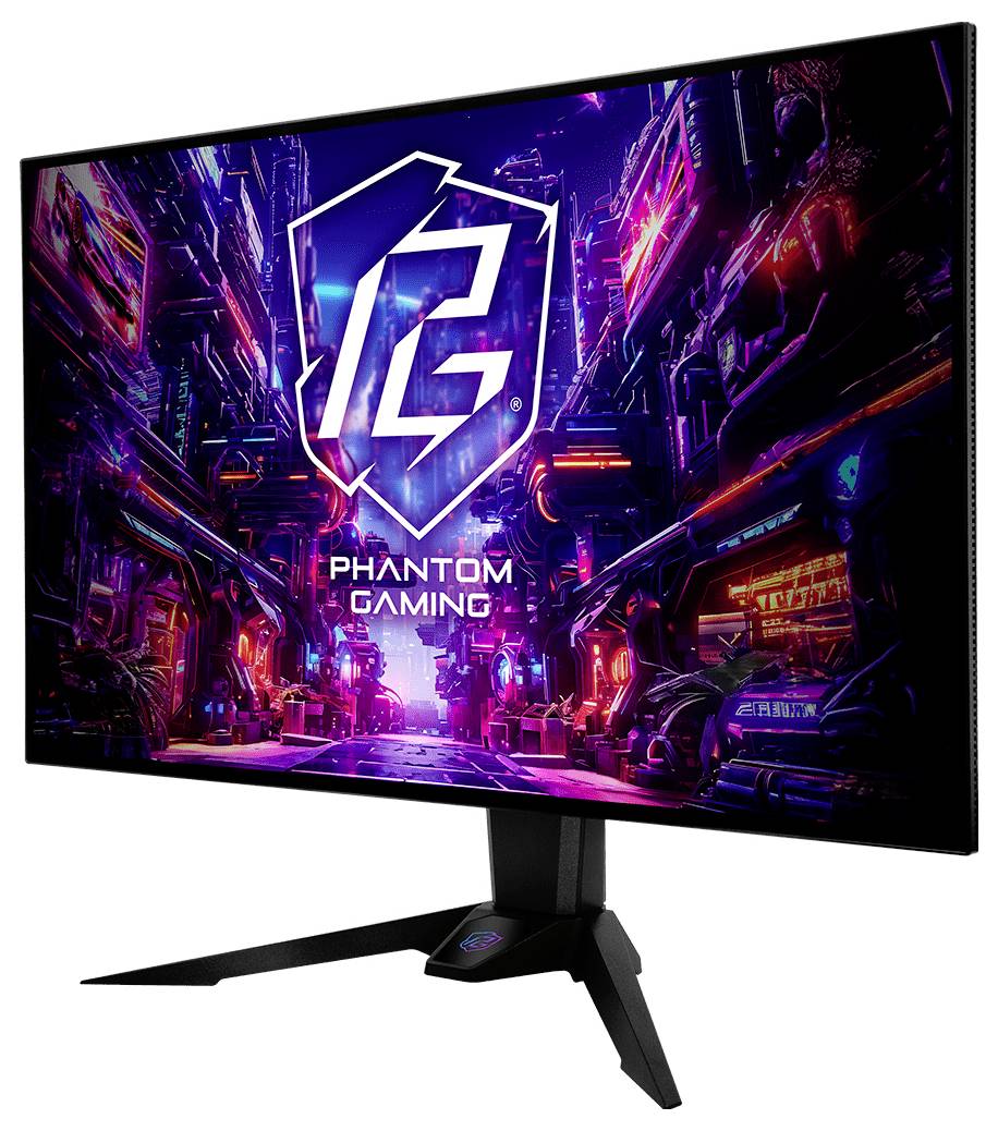 Ein Gaming-Monitor zeigt eine neon-Cyberpunk-Szene mit dem 