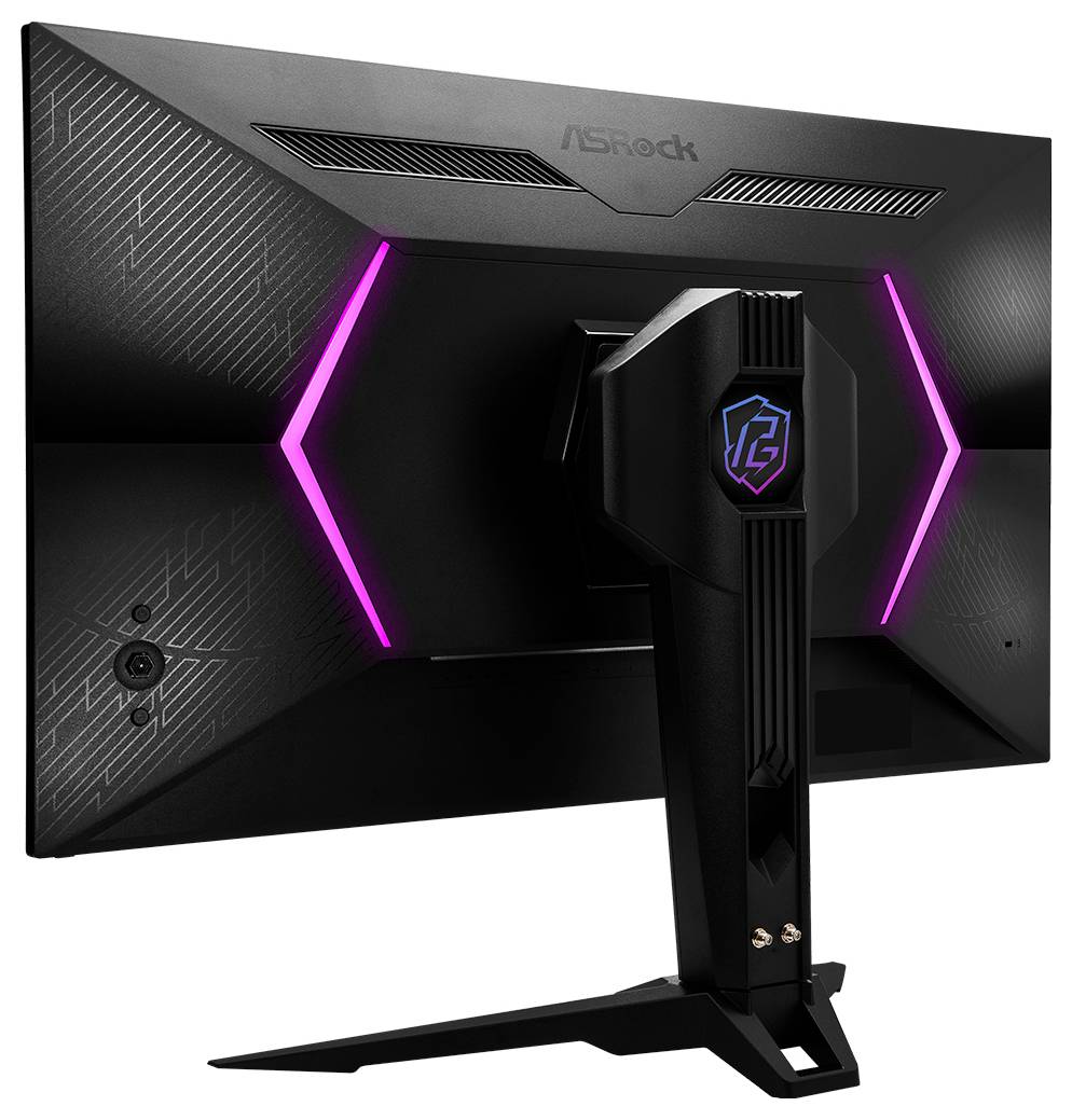 Rückansicht eines AOC-Gaming-Monitors mit schwarzem geometrischem Rückpanel, rosa LED-Akzenten und einem zentralen Ständer auf einem Sockelsockel.