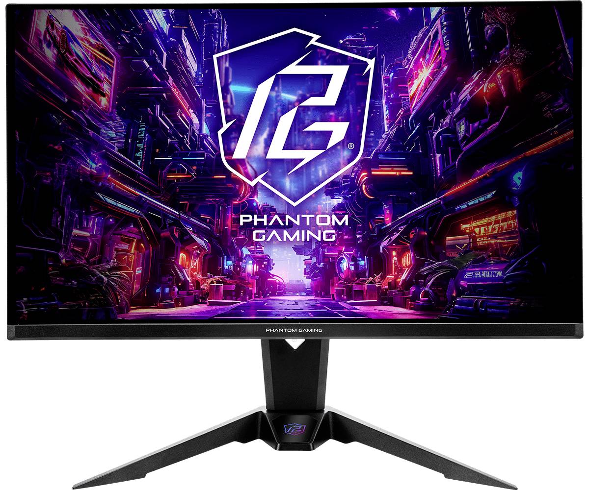 Ein Phantom Gaming Monitor zeigt eine neon-futuristische Stadtlandschaft mit dem PG-Logo an und ist auf einem eleganten schwarzen Ständer montiert.