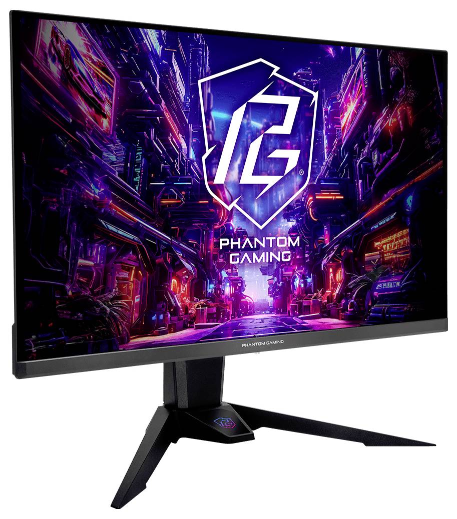 Schwarzer Gaming-Monitor auf einem Ständer, auf dem ein neonfarbendes Cyberpunk-Logo 