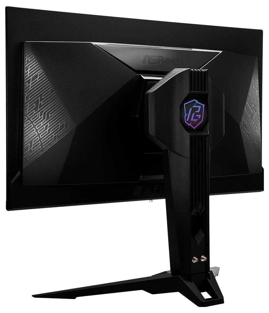 Rückansicht eines schwarzen MSI-Gaming-Monitors mit eckigem Ständer und beleuchtetem Drachenlogo auf der Rückseite.
